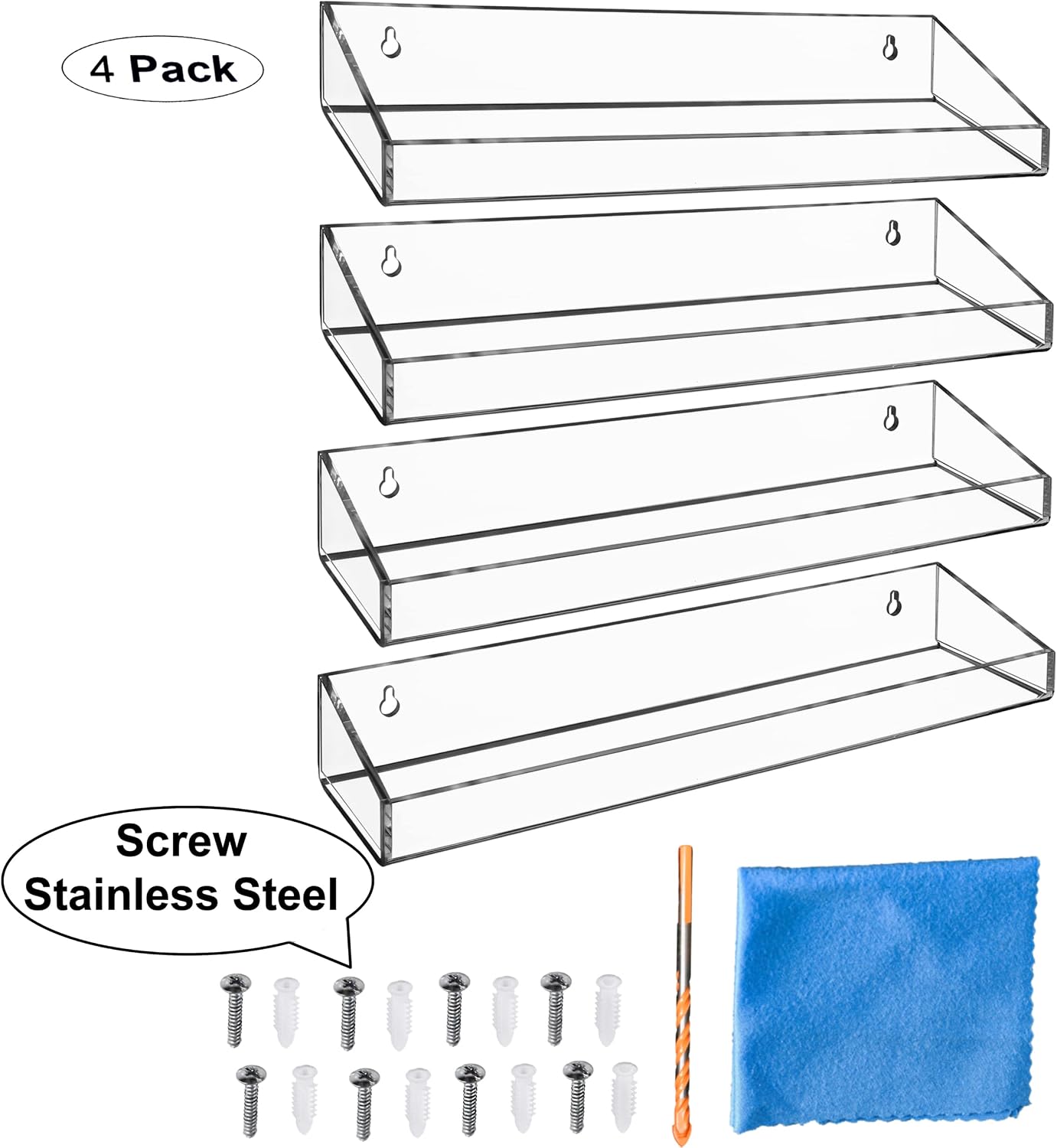 AMT 2 Pack Acrylic Floating Shelves, 15" L x 4" W, Clear Bathroom Wall, Bookshelves, Invisible Display for Office, Bedroom