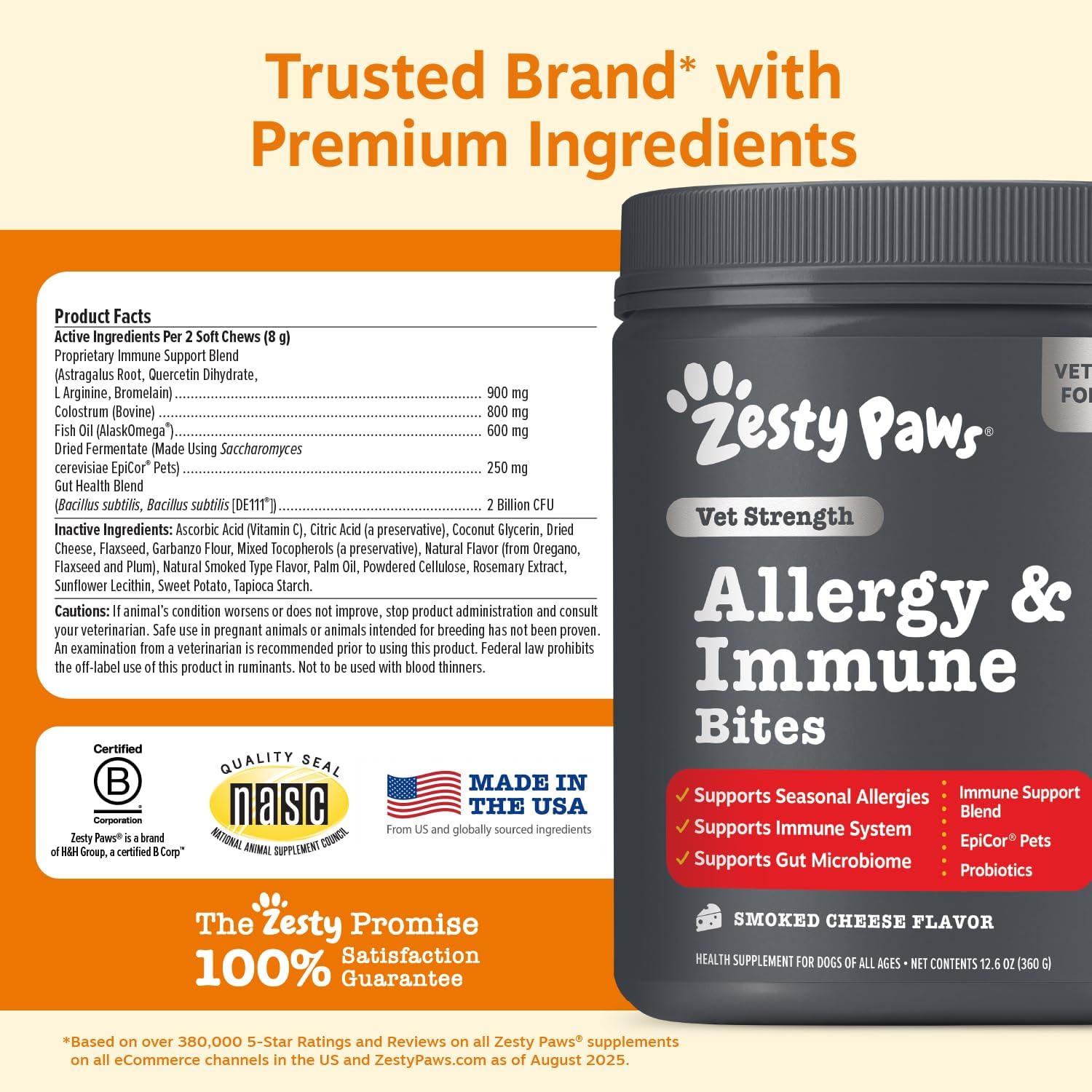 Zesty Paws Allergy Immune Bites - Dog Allergy Chews, Dog Probiotics for Itchy Skin and Ears, Lamb, 90ct