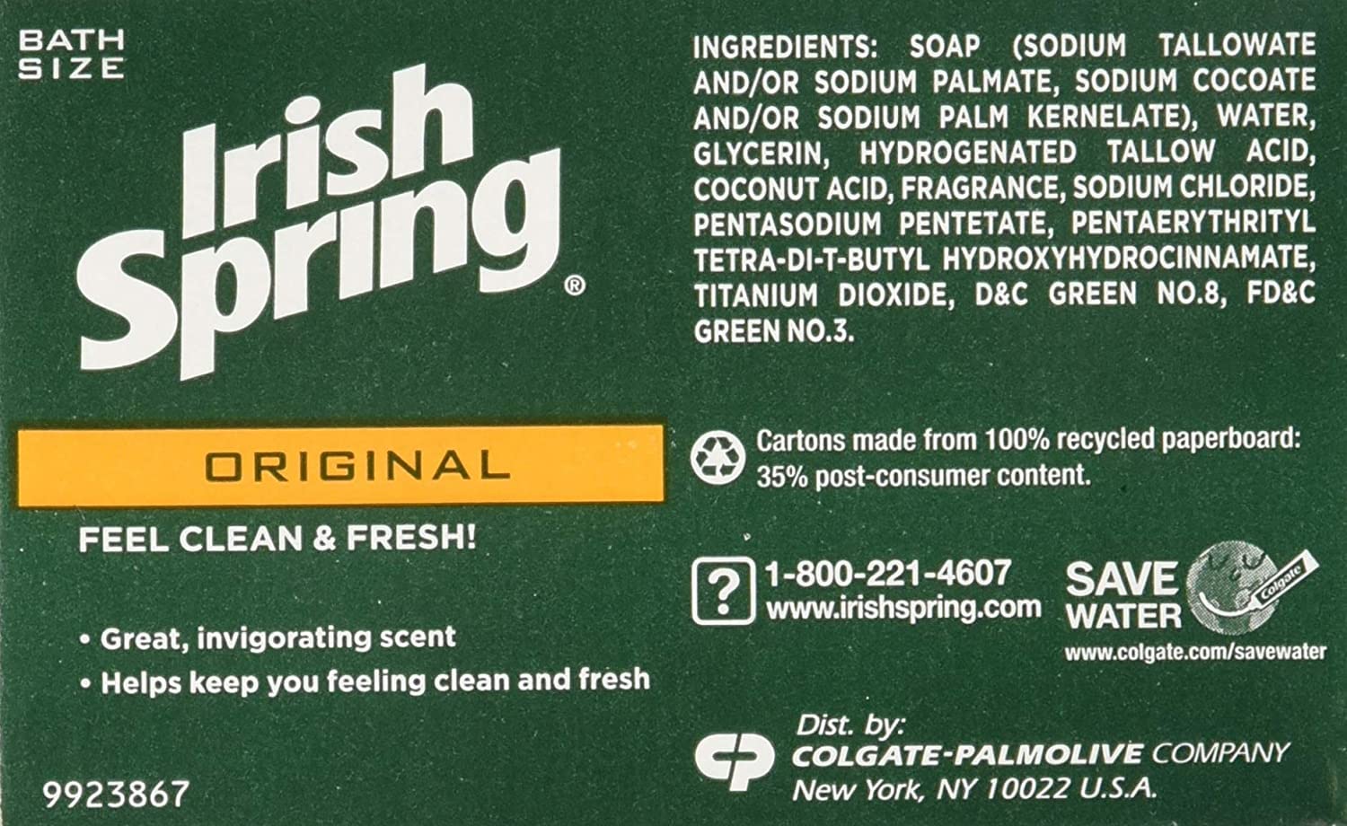 Irish Spring Original Deodorant Bar Soap, 3.20 oz bars, 2 ea