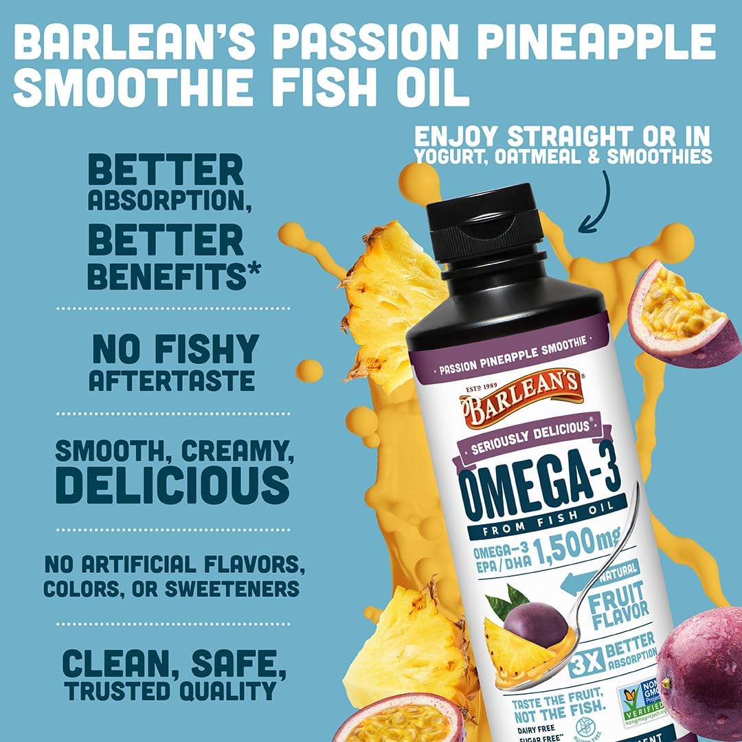 Barlean's Mango Peach Omega-3 Fish Oil, Vitamin D, 1080mg EPA & DHA, 8oz | Wild-caught fish oil plus vitamin D, EPA DHA omega-3, Burpless, Non-GMO, Gluten-free, Heart, brain, bone & immune