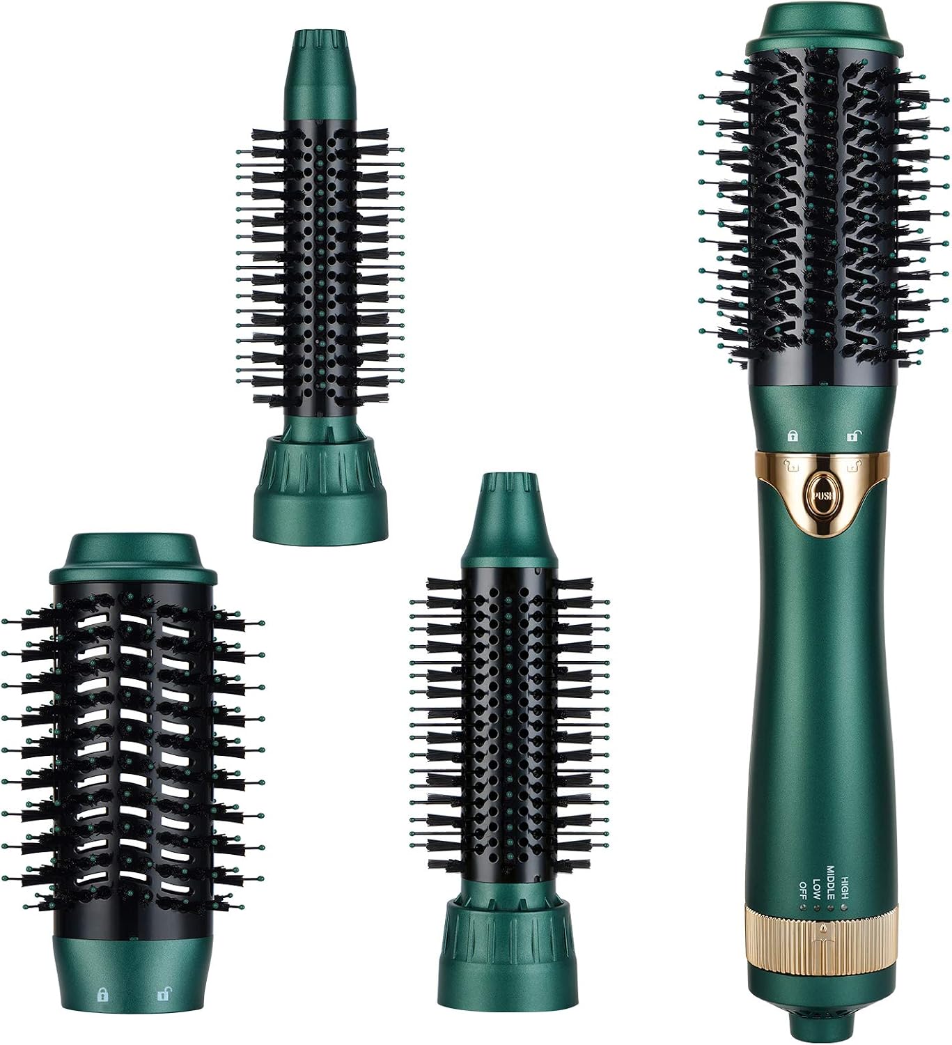 3 in 1 Hair Dryer and Volumizer, Ceramic Negative Ion Curling Dryer Styler with 3 Interchangeable Brush Heads, Green
