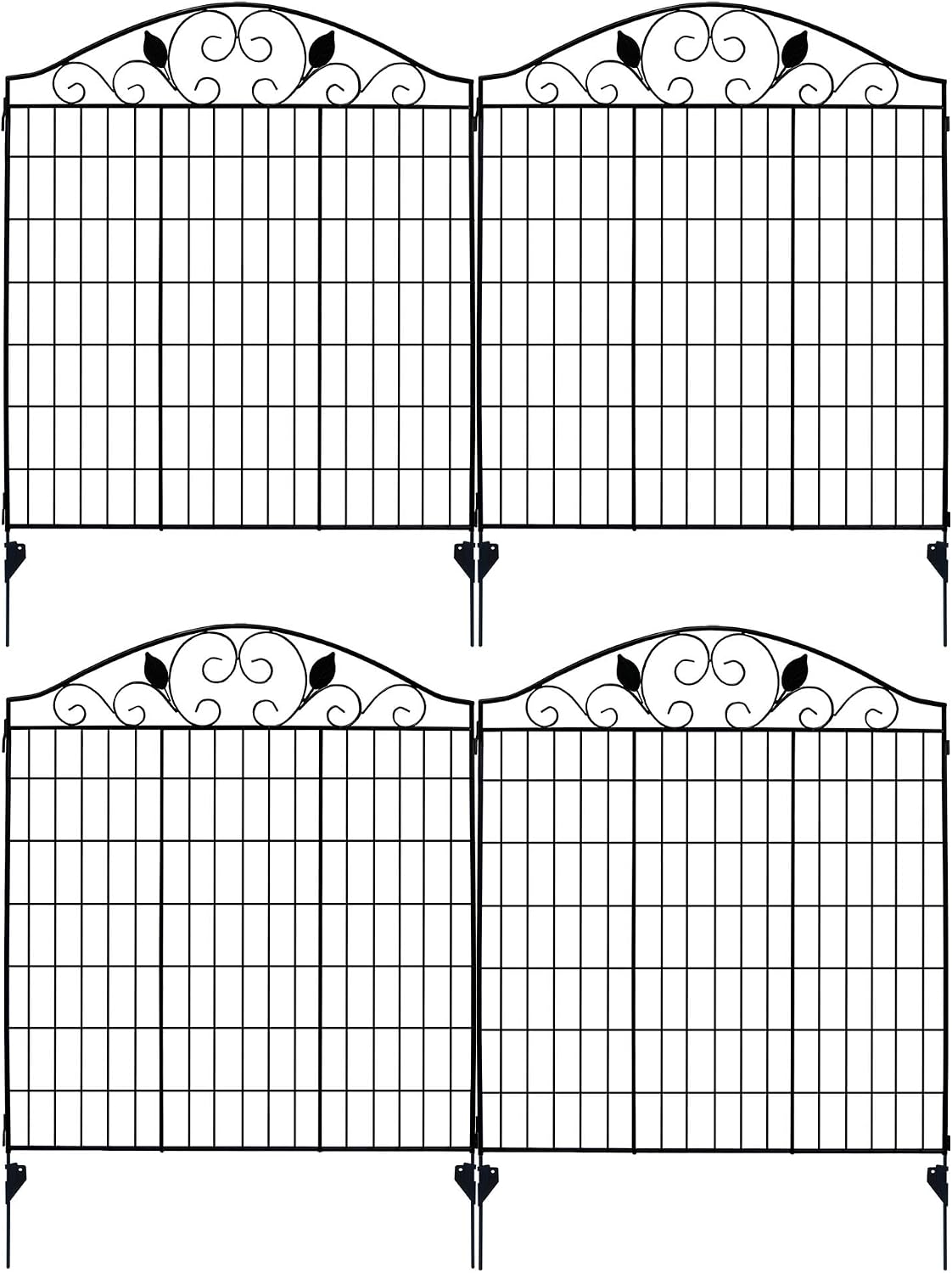 4 Pack 44" H 36" W (Linear Length 12 feet) Black Coated Heavy Duty Steel Decorative Garden Fence Each Panel with 2 Leaves
