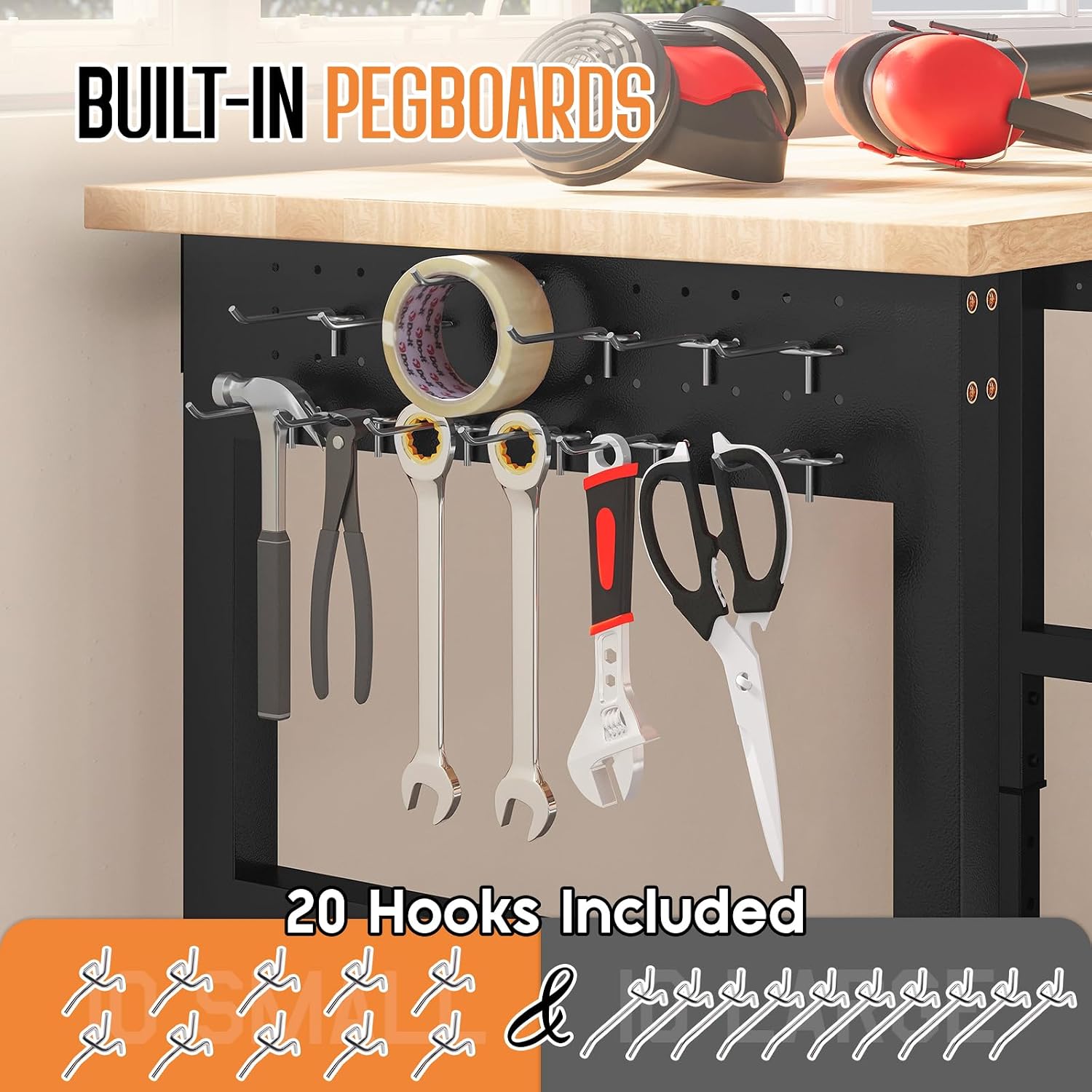 SPECRAFT Adjustable Black Heavy-Duty Workbench | 2000 Lbs Capacity, Rubber Wood Top, 4 AC Outlets and 2 USB Ports, for Garage, Workshop and Office