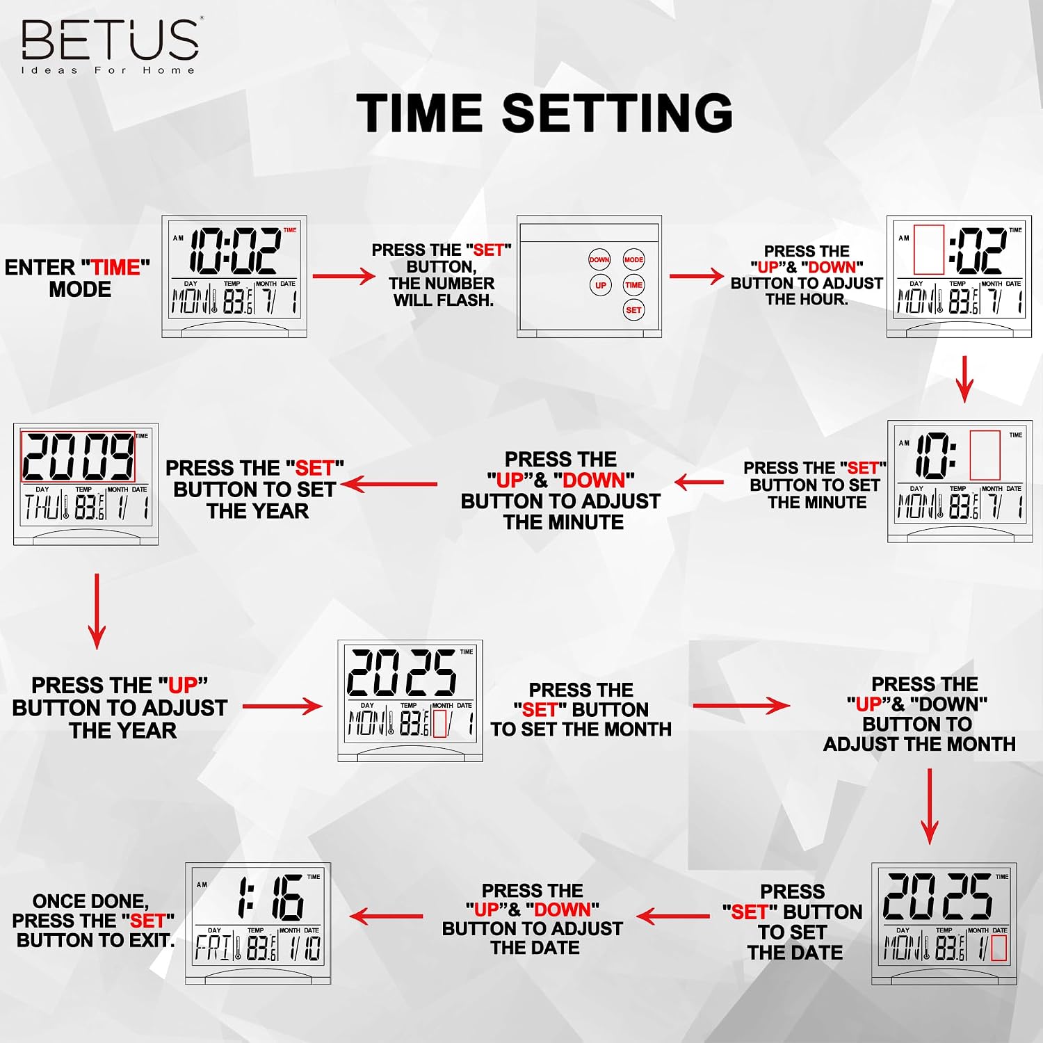 Betus Digital Travel Alarm Clock - Foldable Calendar Temperature Timer LCD Clock with Snooze Mode - Large Number Display, Battery Operated - Compact Desk Clock(Silver, No Backlight)