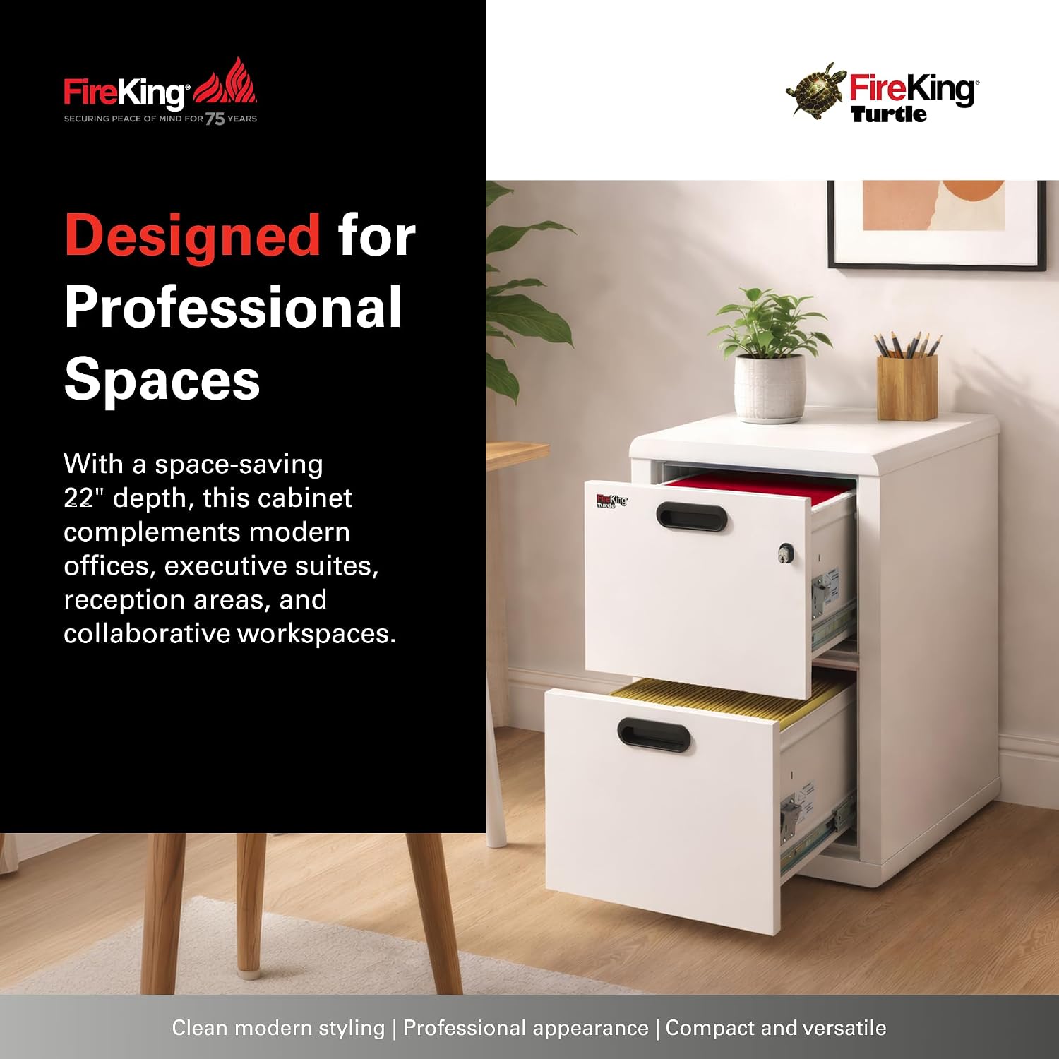 FireKing Turtle Vertical 2 Drawer Fire Rated File Cabinet, Black | 1 Hour Fire Rated Filing Cabinet - UL Class 350 - Water Resistant - Key Lock - Made in USA