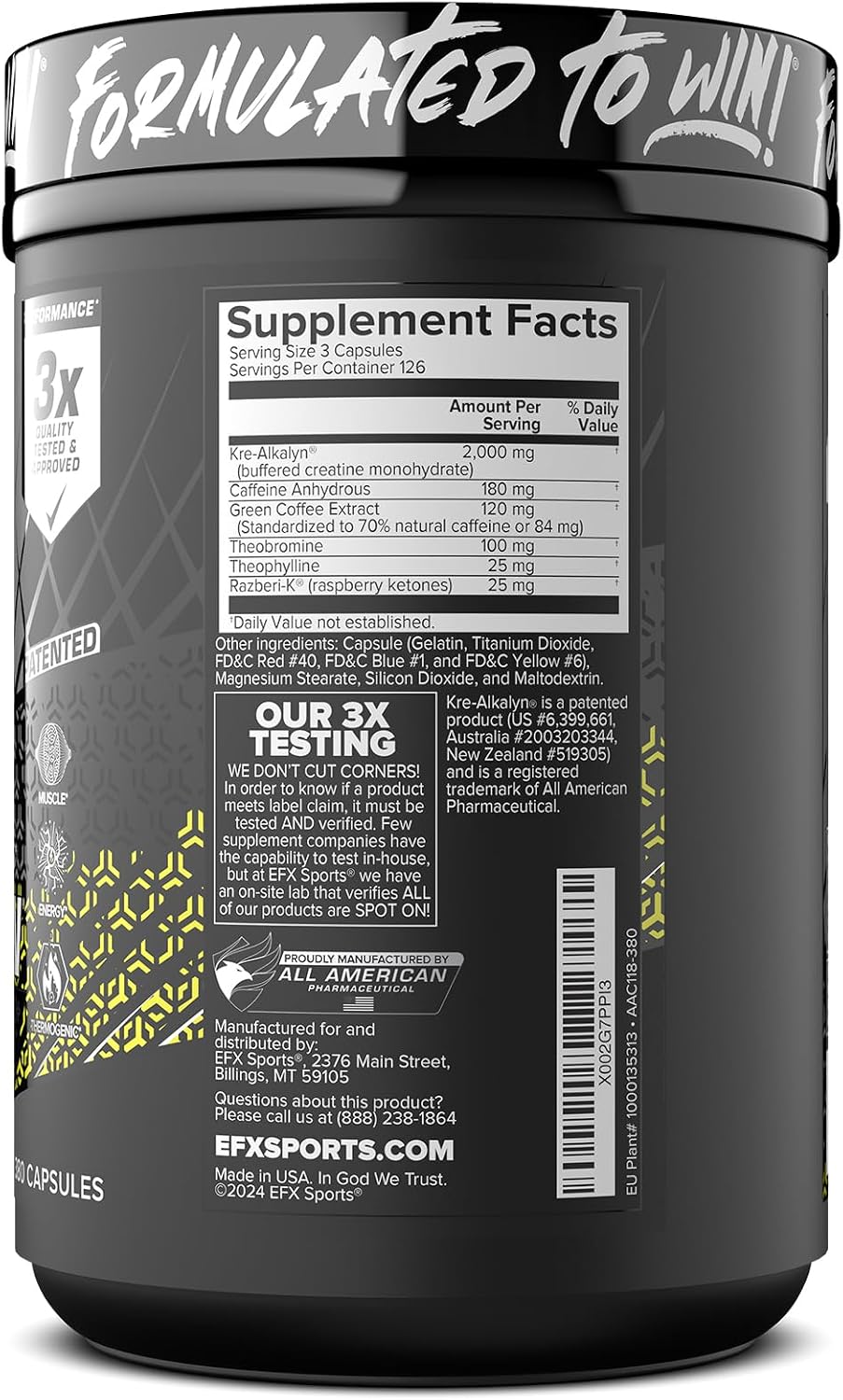 EFX Sports Kre-Alkalyn Hardcore | Thermogenic pH Correct Creatine Monohydrate Pill Supplement | Energy & Strength Pre Workout | 40 Servings, 120 Capsules