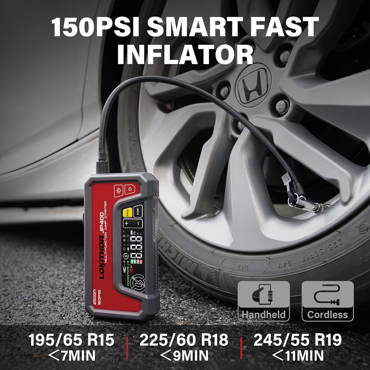 LOKITHOR JP400 Jump Starter with Air Compressor for 8.5L Gas/6.5L Diesel | 2500A 12V Portable Jumper Starter for Car, 150PSI Tire Inflator, 300 Lumen LED Light, Power Bank, ConnectMax, Jumper Cables