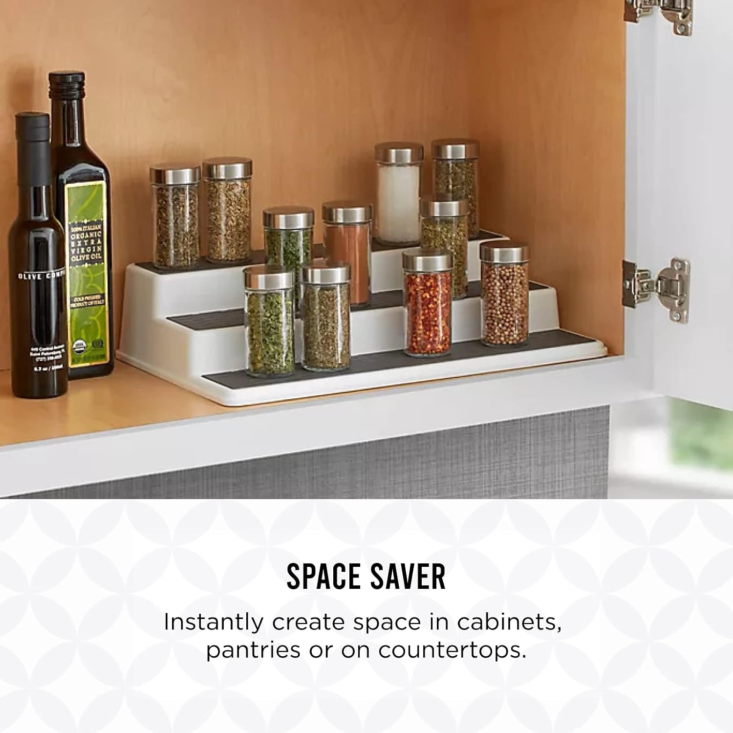 Copco 3-Tier Spice Rack Organizer for Cabinet - 15 Inch Non-Skid Pantry Organizer and Storage Shelf for Spices, Canned Goods, Seasonings - White and Gray Kitchen Cabinet Organizer