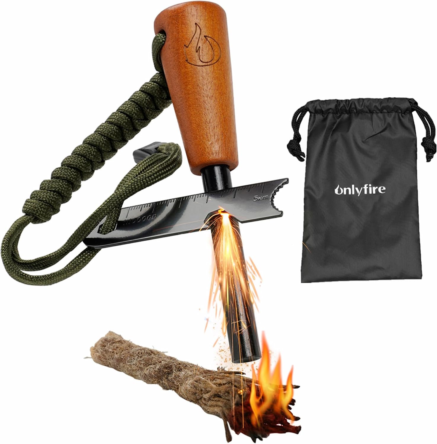 onlyfire Fire Starter Survival Tool, Ferro Rod Kit with Tinder Wick, Pouch, Waterproof Flint and Steel Fire Starter for Camping