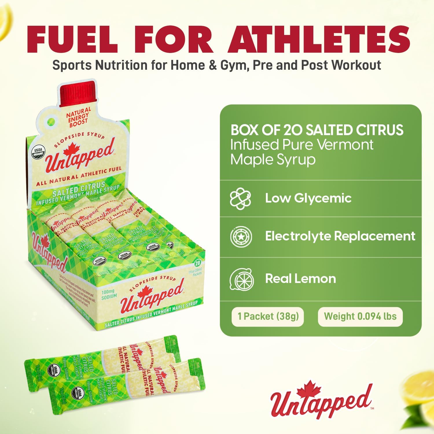 UnTapped Vermont Maple Syrup Packets for Athletes, Box of 20-0.96 Fl Oz | Organic Pure Maple Syrup for Natural Endurance Energy | Fuel to Keep You Running Longer