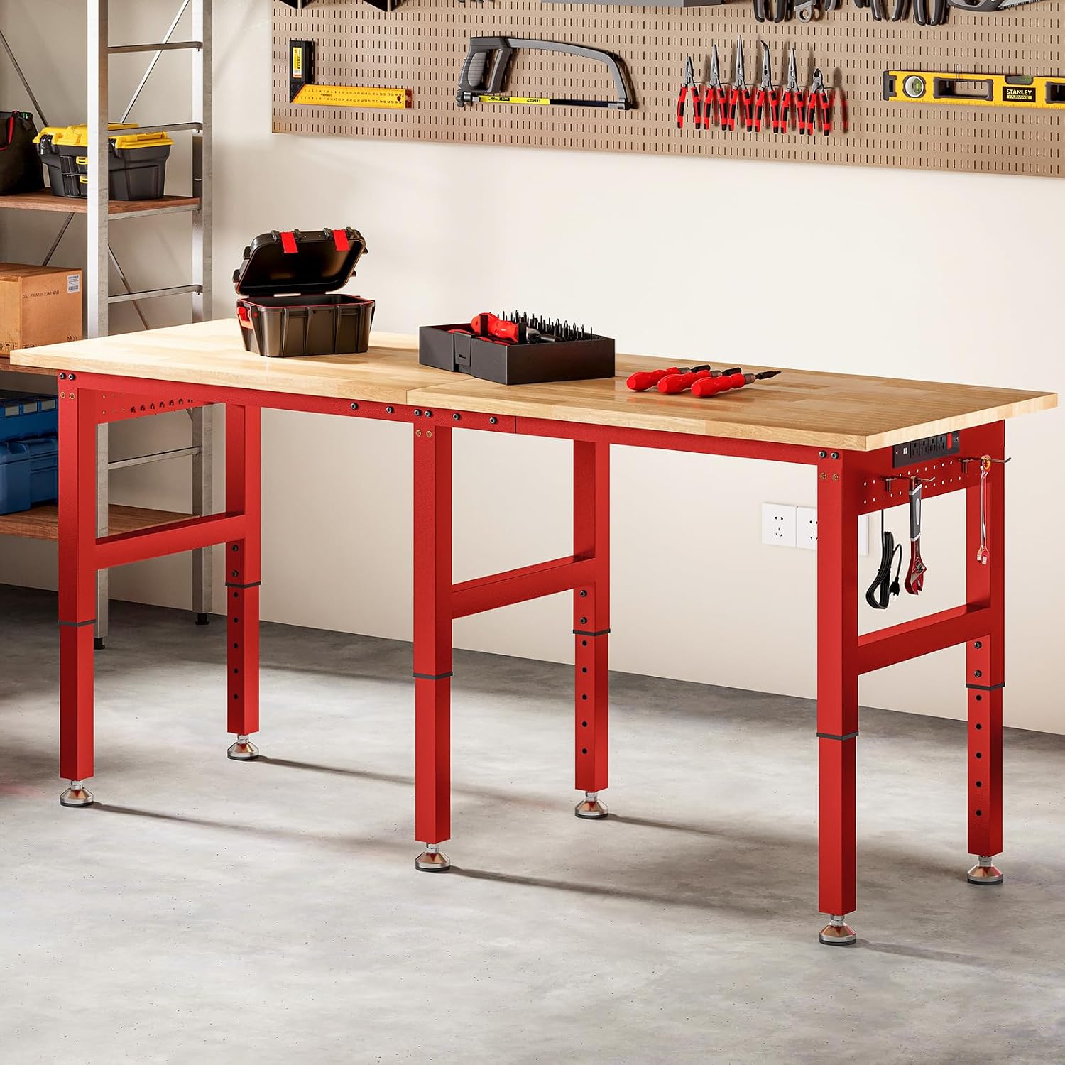 SPECRAFT Adjustable Black Heavy-Duty Workbench | 2000 Lbs Capacity, Rubber Wood Top, 4 AC Outlets and 2 USB Ports, for Garage, Workshop and Office