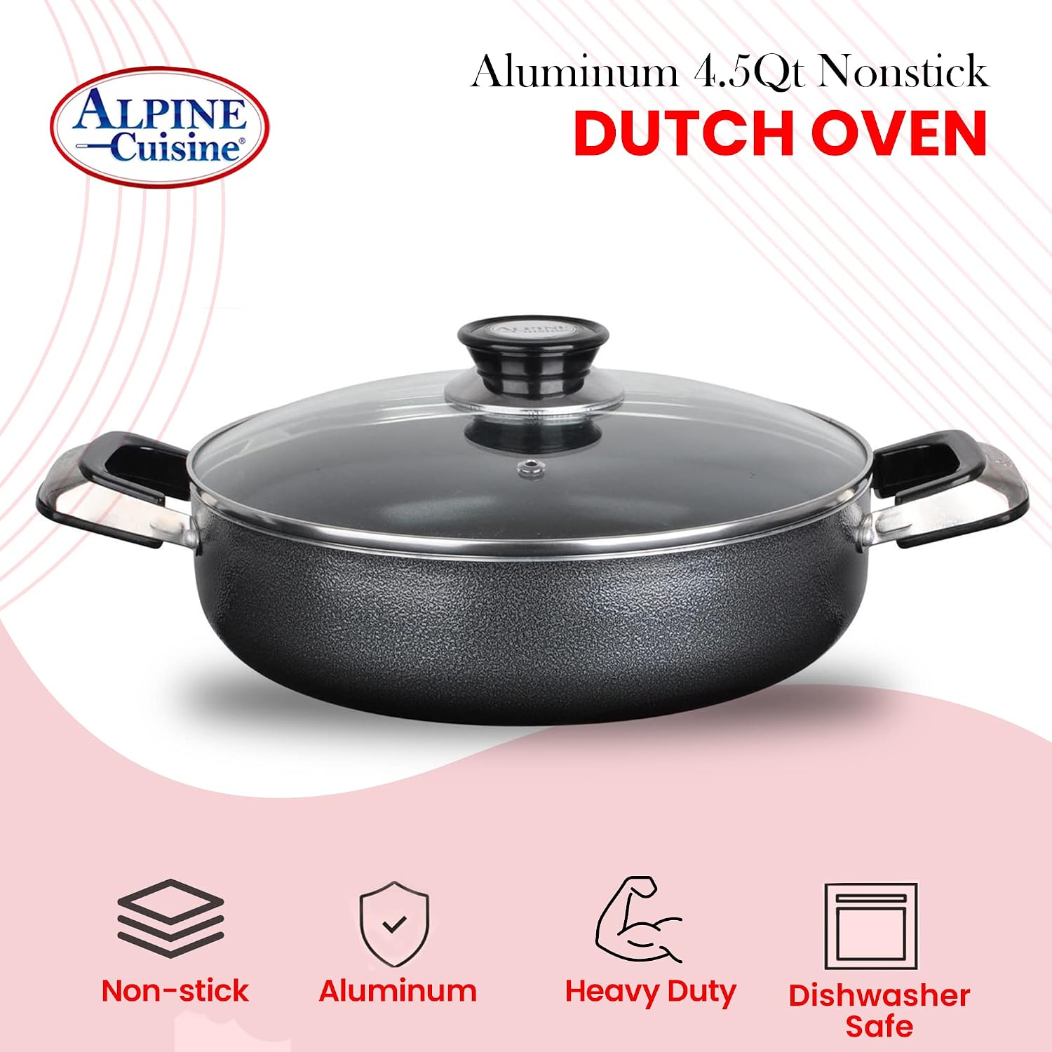 Alpine Cuisine 4 Quart Non-stick Stock Pot with Tempered Glass Lid and Carrying Handles, Multi-Purpose Cookware Aluminum Dutch Oven for Braising, Boiling, Stewing
