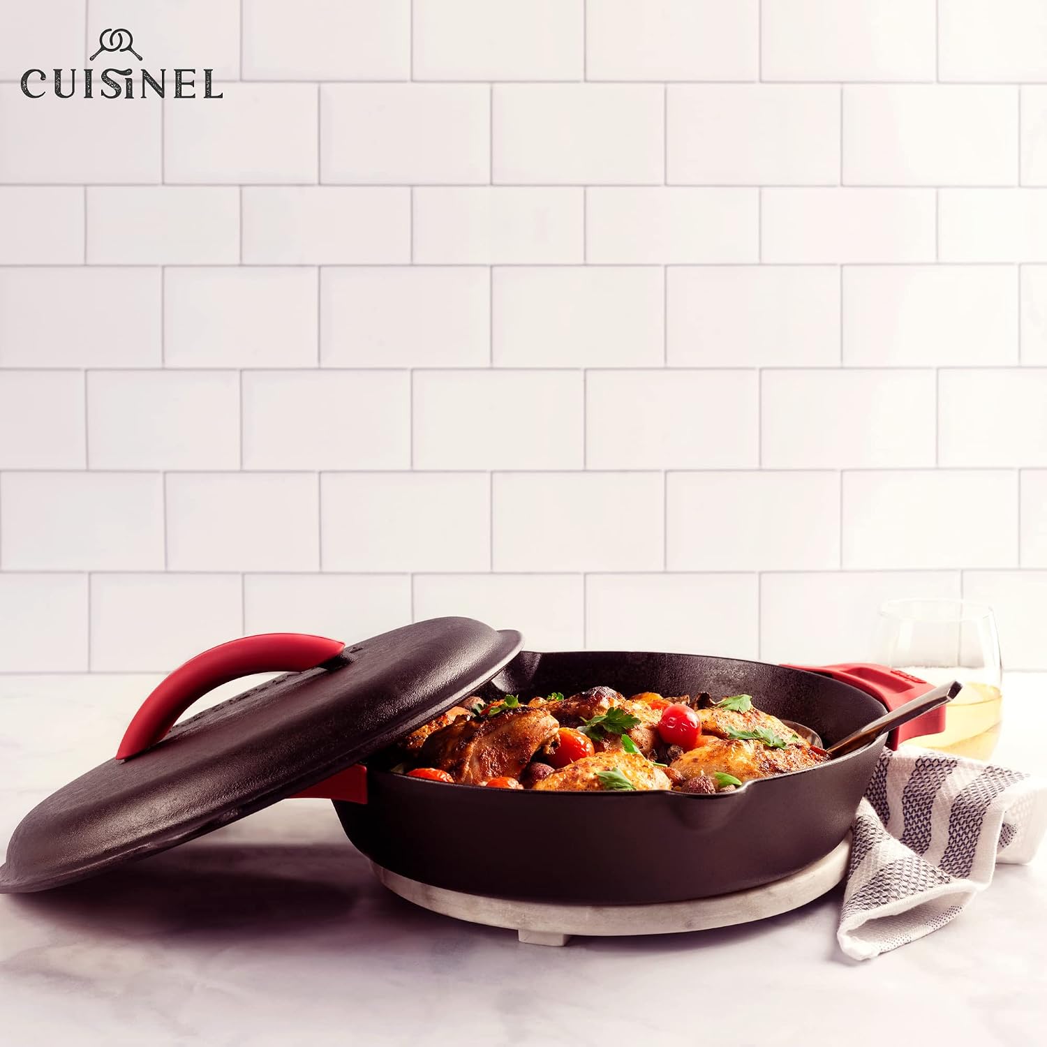 Cuisinel Cast Iron Skillet with Lid - 10"-Inch Pre-Seasoned Frying Pan + Glass Cover + Heat-Resistant Handle Holder - Indoor/Outdoor Use - Grill, Stove, Camp Firepit, Induction - Oven Safe Cookware