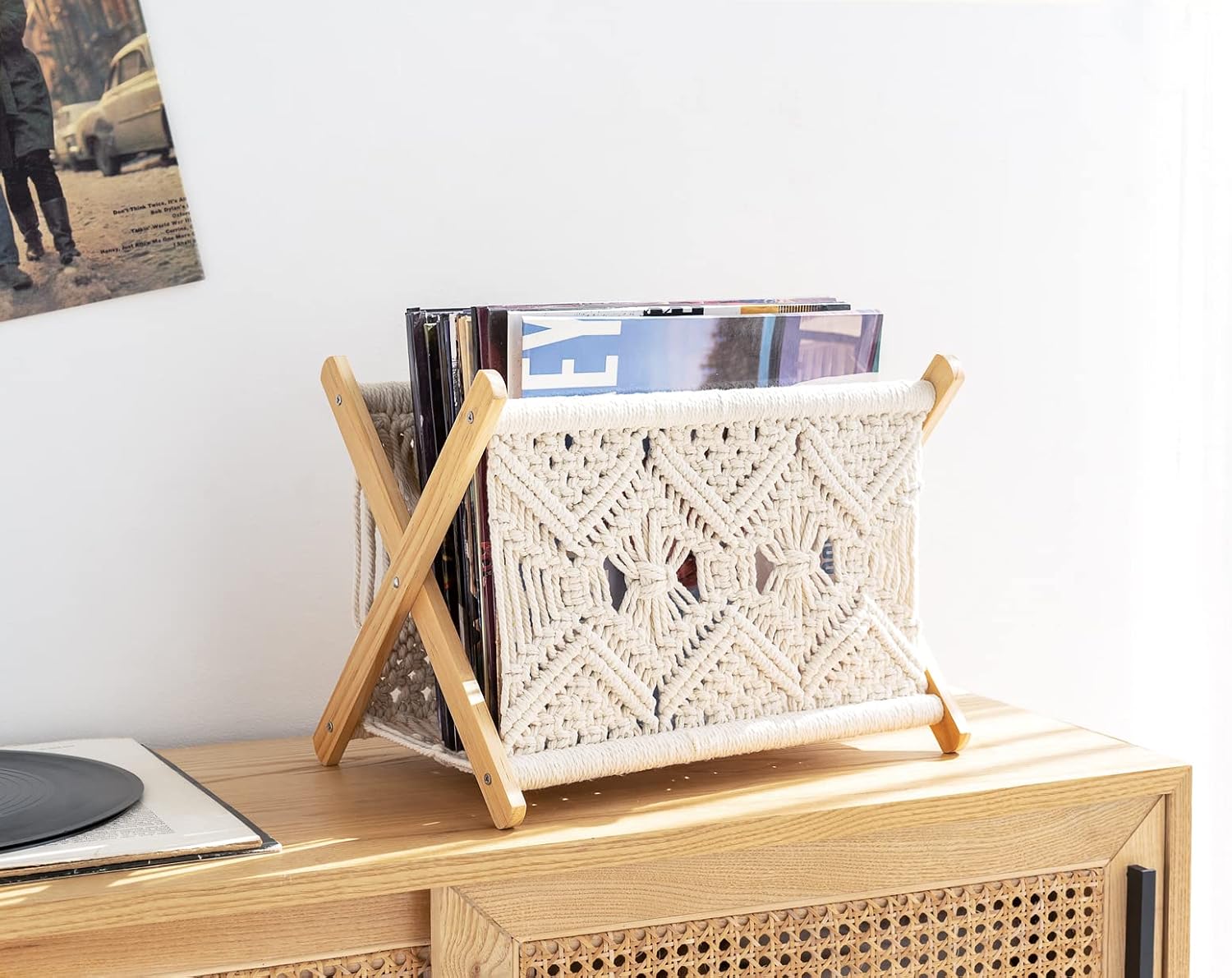 Mkono Macrame Magazine Holder, Boho Woven Book Rack Basket, 11.2"L x 7.5"W
