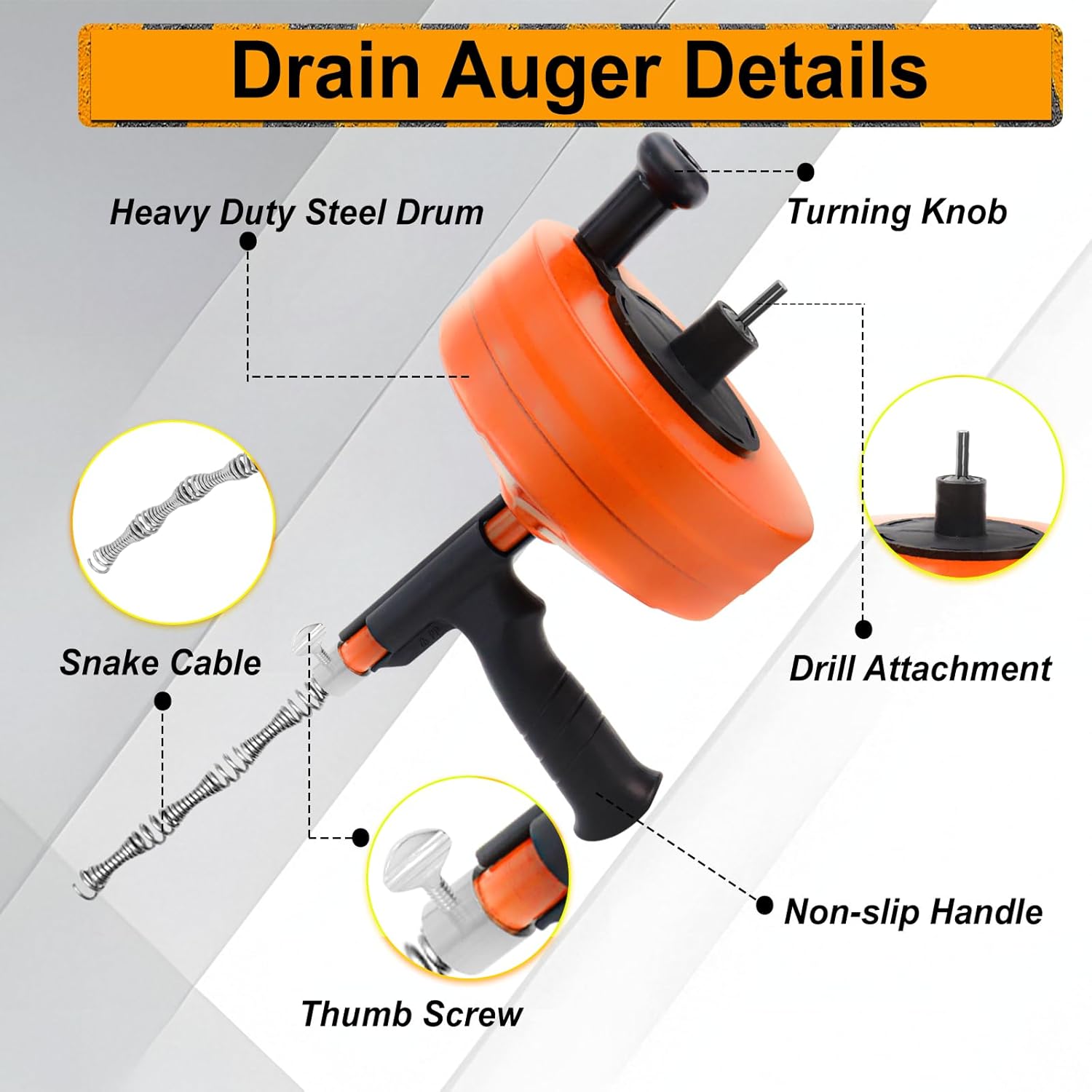 50FT Drain Auger with Drill Adapter, Manual or Powered Drain Snake | Plumbing Clog Remover, Flexible Cable, Manual Crank or Drill Operation