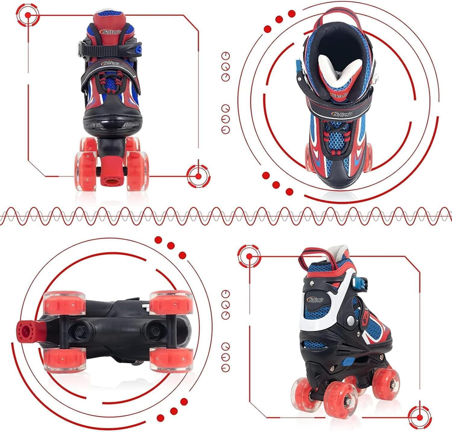 Nattork Kids Roller Skates for Boys Girls Kids, 4 Sizes Adjustable Quad Skates with All Light up Wheels - Birthday Gift for Indoor Outdoor Sports