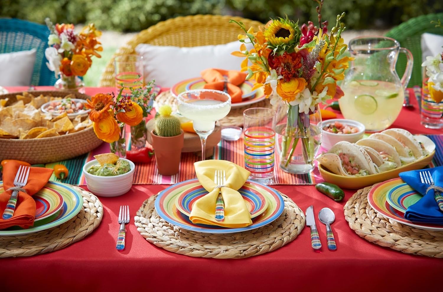 BrylaneHome 16 Piece Santa Fe Hand-Painted Striped Stoneware Dinnerware Set - Multi Stripe