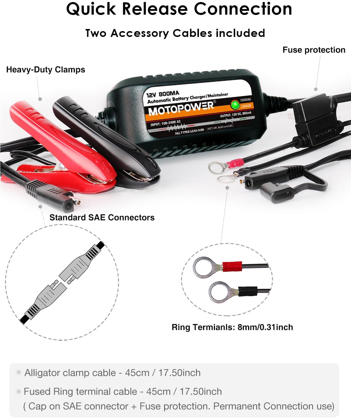 MOTOPOWER MP00205C 12V 800mA Automatic Battery Charger, Battery Maintainer, Trickle Charger, and Battery Desulfator