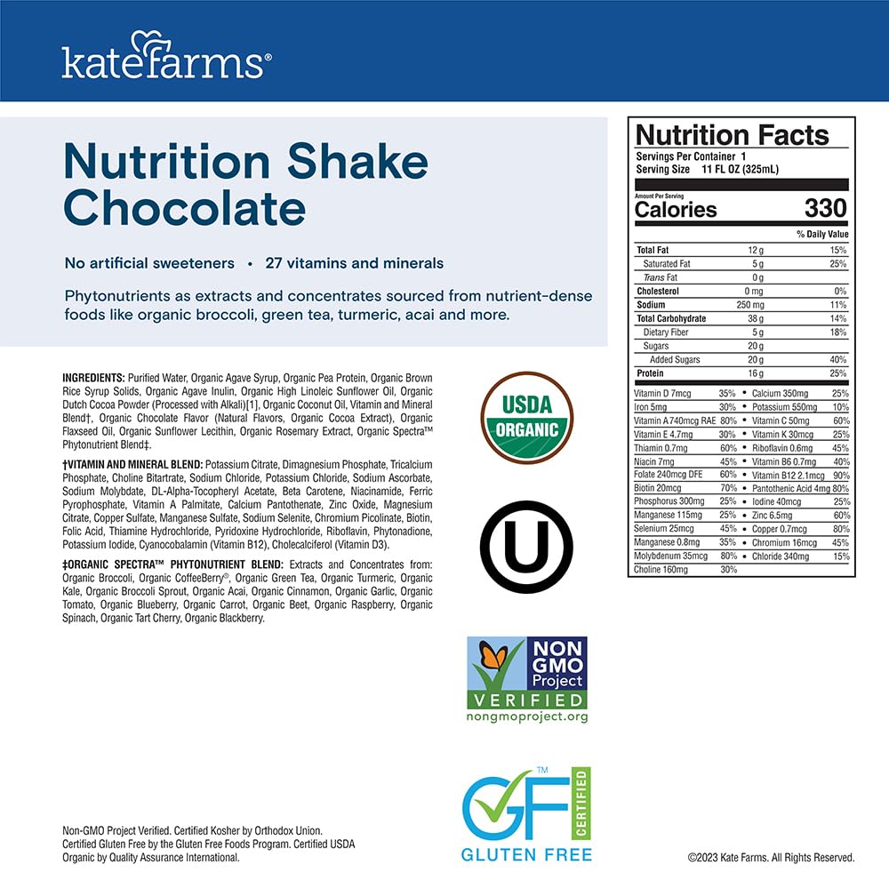 KATE FARMS Organic Nutrition Shake, Chocolate, 16g Protein, 12 Pack