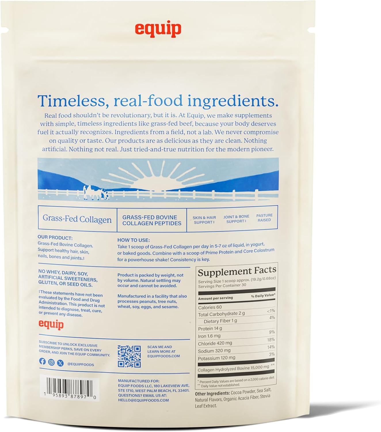 Equip Foods Grass Fed Collagen Powder | Hydrolyzed Bovine Collagen Peptides with Amino Acids | Prime Beef Collagen for Healthy Joints, Skin & Nails | Non-GMO, Paleo Friendly | 30 Servings, Unflavored