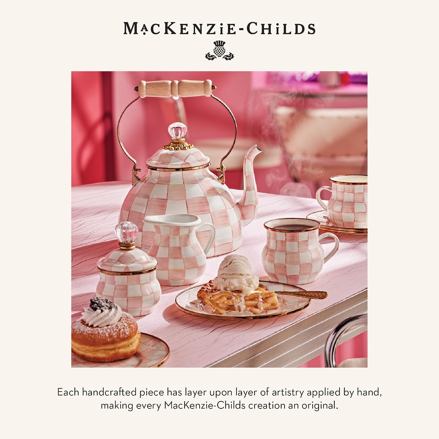 MACKENZIE-CHILDS Enamel Tumbler, Black-and-White Courtly Check | Hand-painted design, elegant drinkware with gold rim, 2.75" dia. x 4.5" H, 10-ounce capacity