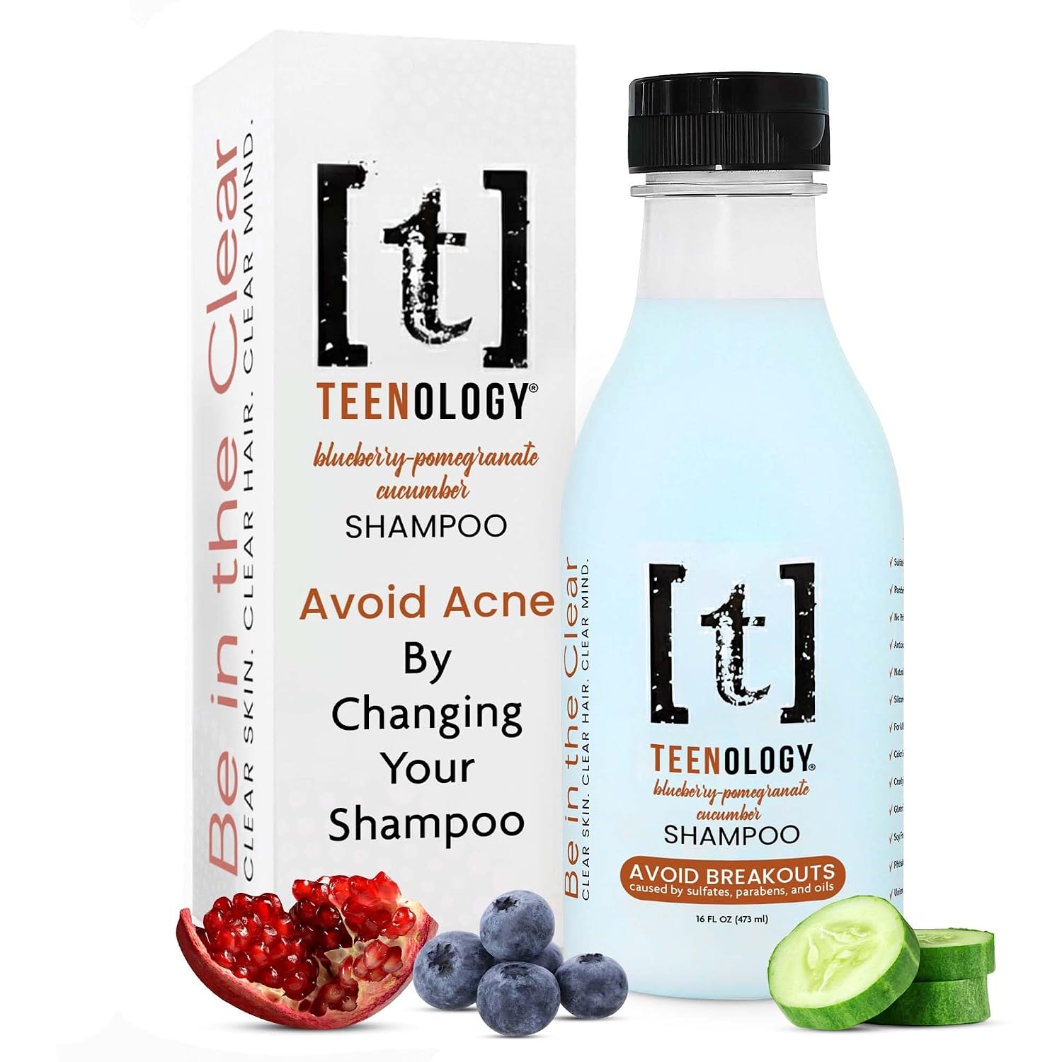 Teenology Teen Shampoo – Avoid Acne Breakouts, Sulfate & Paraben Free | Blueberry Pomegranate Cucumber – Free of pore-clogging oils – non-comedogenic formula with botanicals for acne-prone skin
