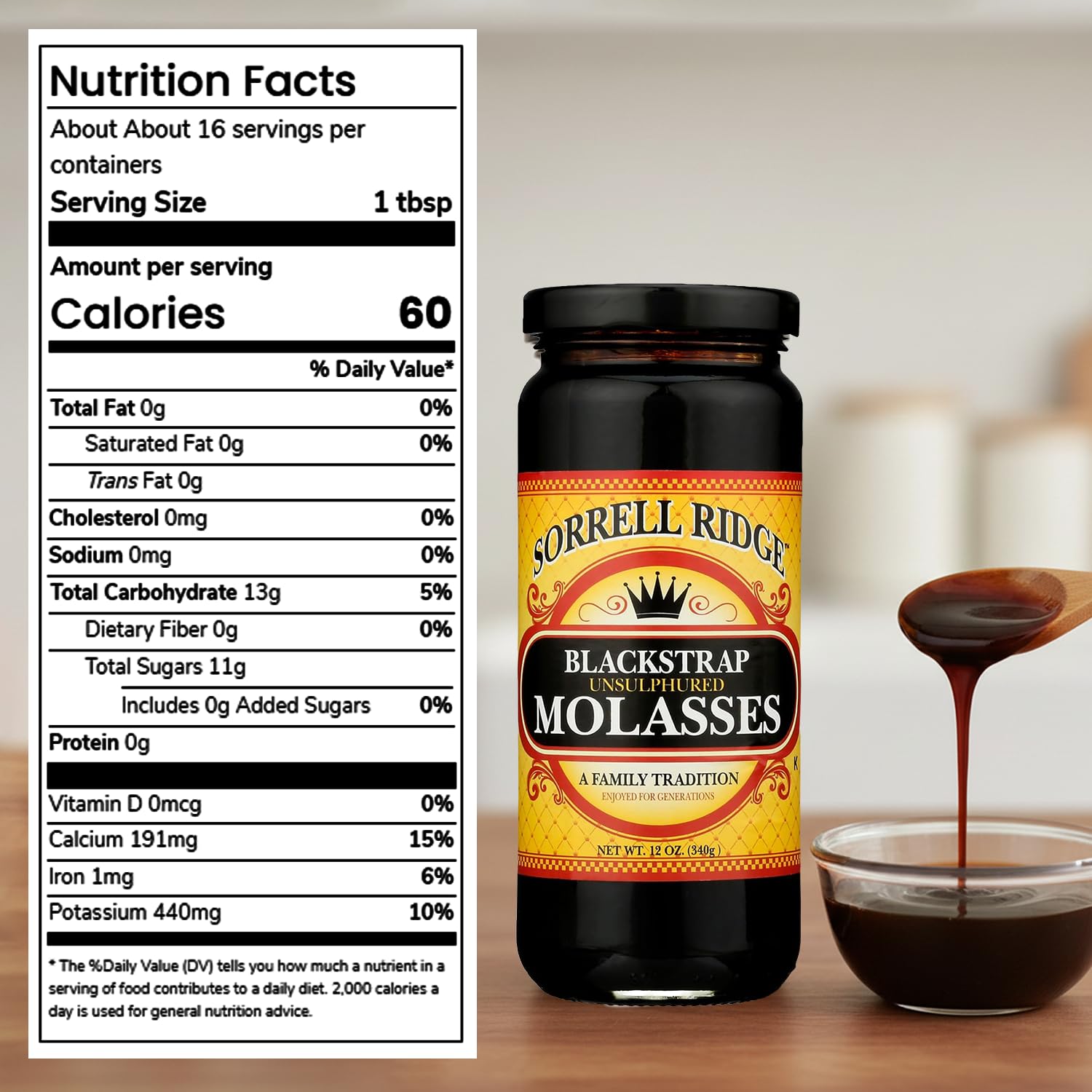 Sorrell Ridge Blackstrap Molasses 12 oz Jar | Unsulphured, Rich Robust Flavor, Good Source of Calcium & Potassium; Classic Baking Sweetener for Cookies