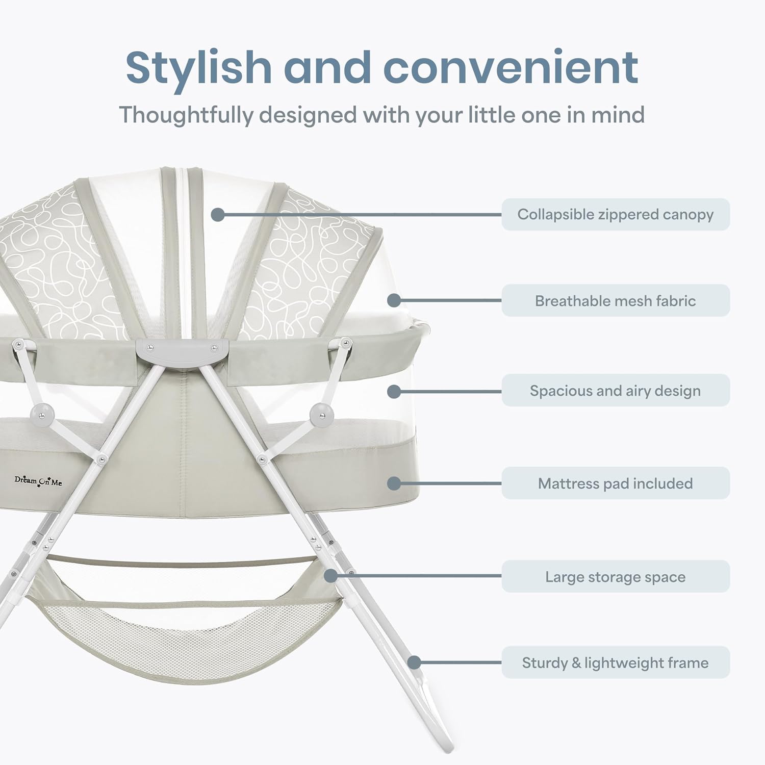 Dream On Me Karley Bassinet in Grey and Pink
