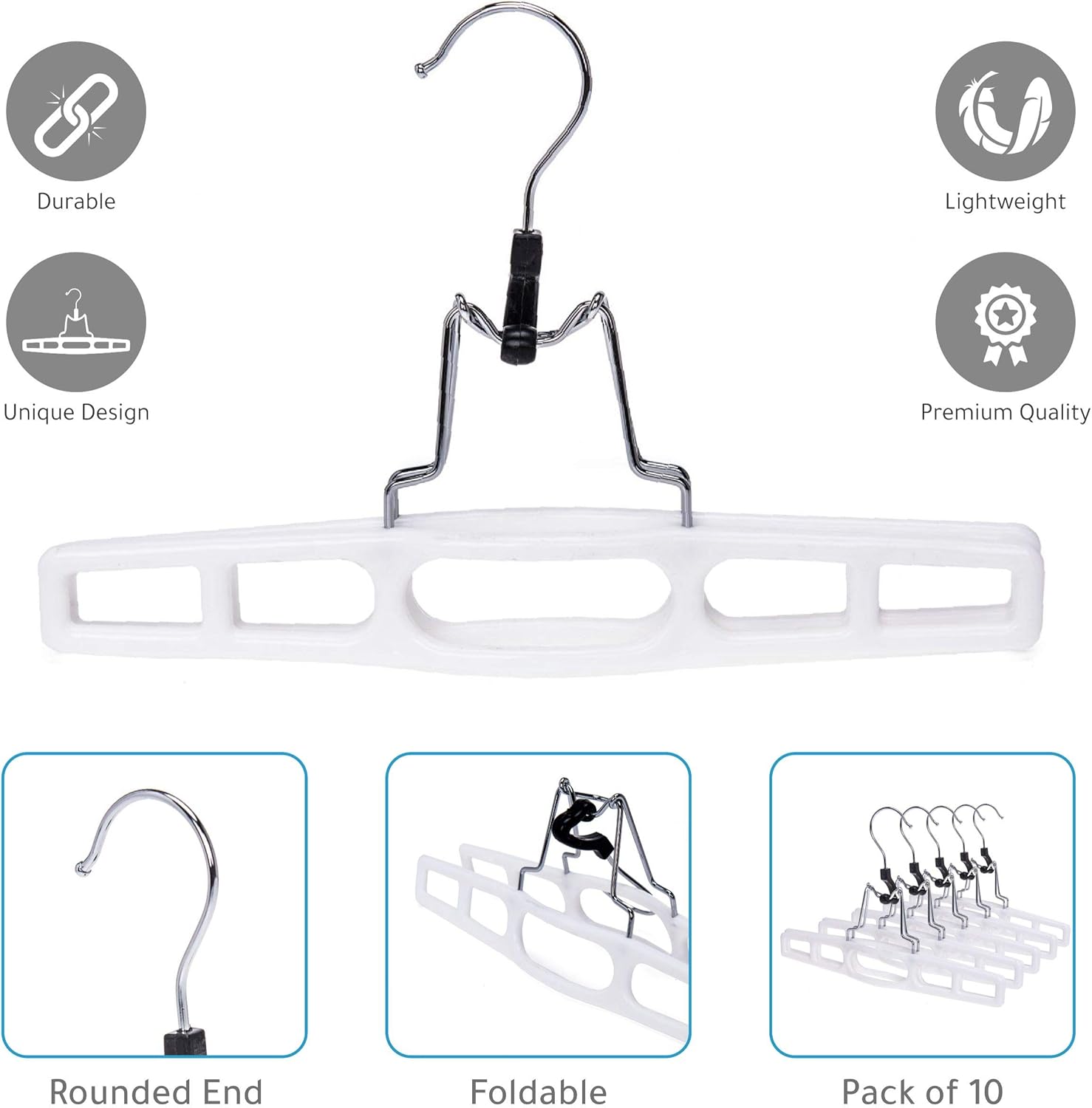 Quality Hangers 10 Pack Premium Skirt Hangers - Thin Space Saving Pant Hangers Set with Clamp, Shorts Hangers with Heavy Duty Locking Clasp