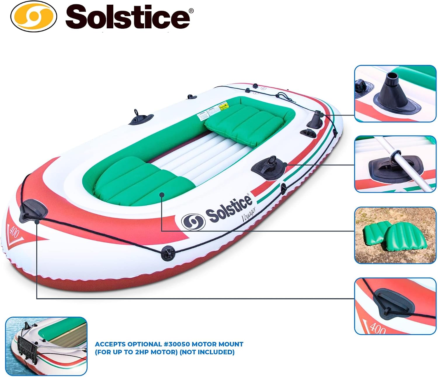 Solstice Voyager 4-Person Inflatable Fishing Boat with Dual Swivel Oar Locks and Rod -Holder, Motor Compatible 9' x 5'