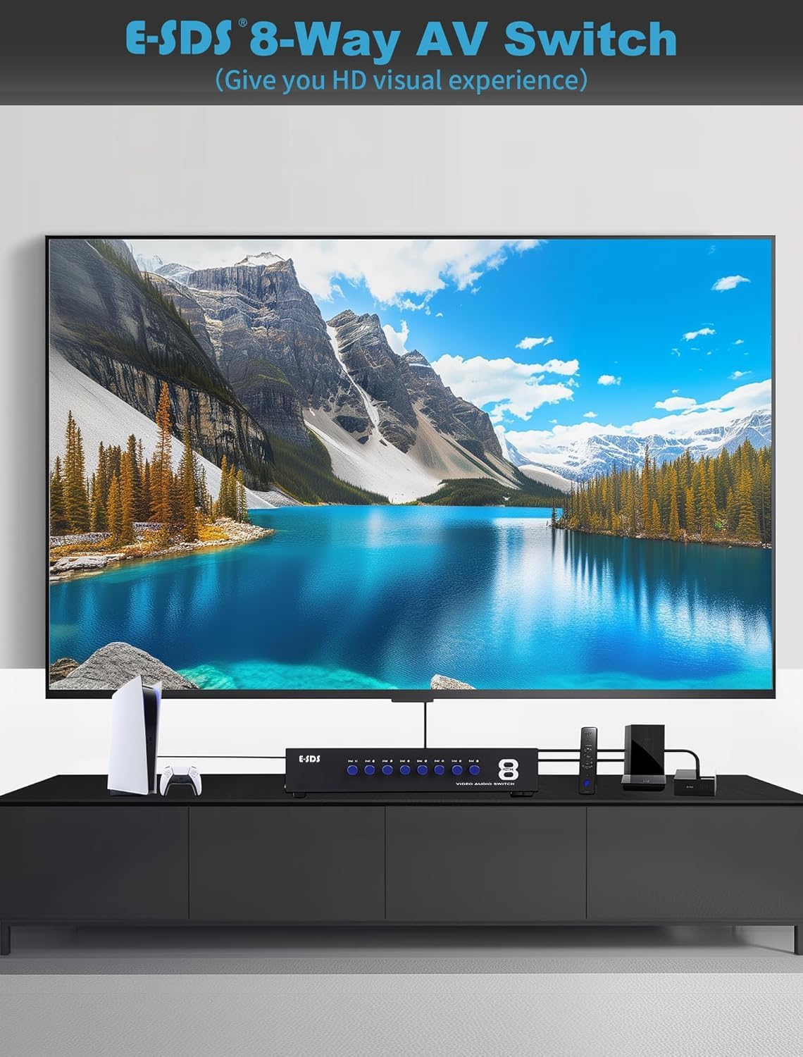 E-SDS 8-Way RCA Switch AV Switcher 8 in 1 Out Composite Selector Box | AV Switch Video L/R Audio Selector Box for DVD STB Game Consoles