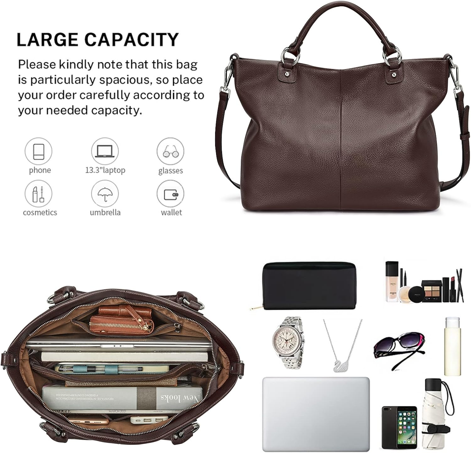 Kattee Genuine Leather Tote Purse for Women, Top Handle Satchel | Soft genuine leather tote with roomy storage and versatile carry for work, shopping, and travel.