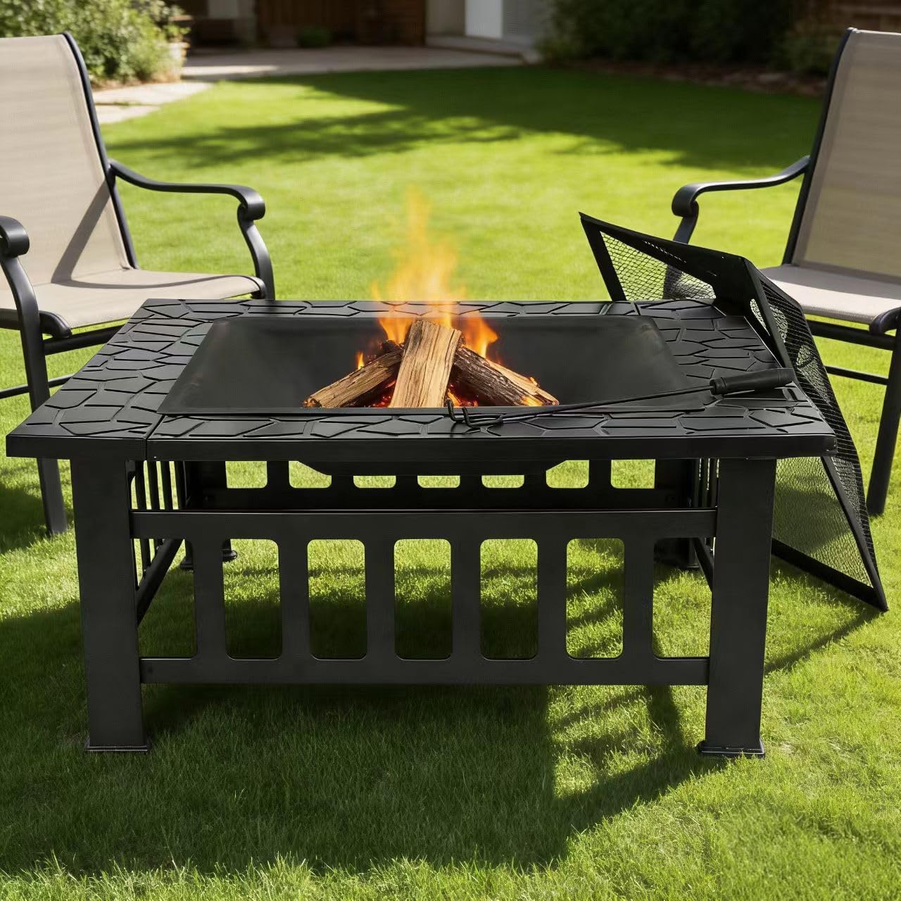 ZENY 32 inch Outdoor Fire Pit with Grill for Outside Wood Burning, Square Metal Outside Fireplaces