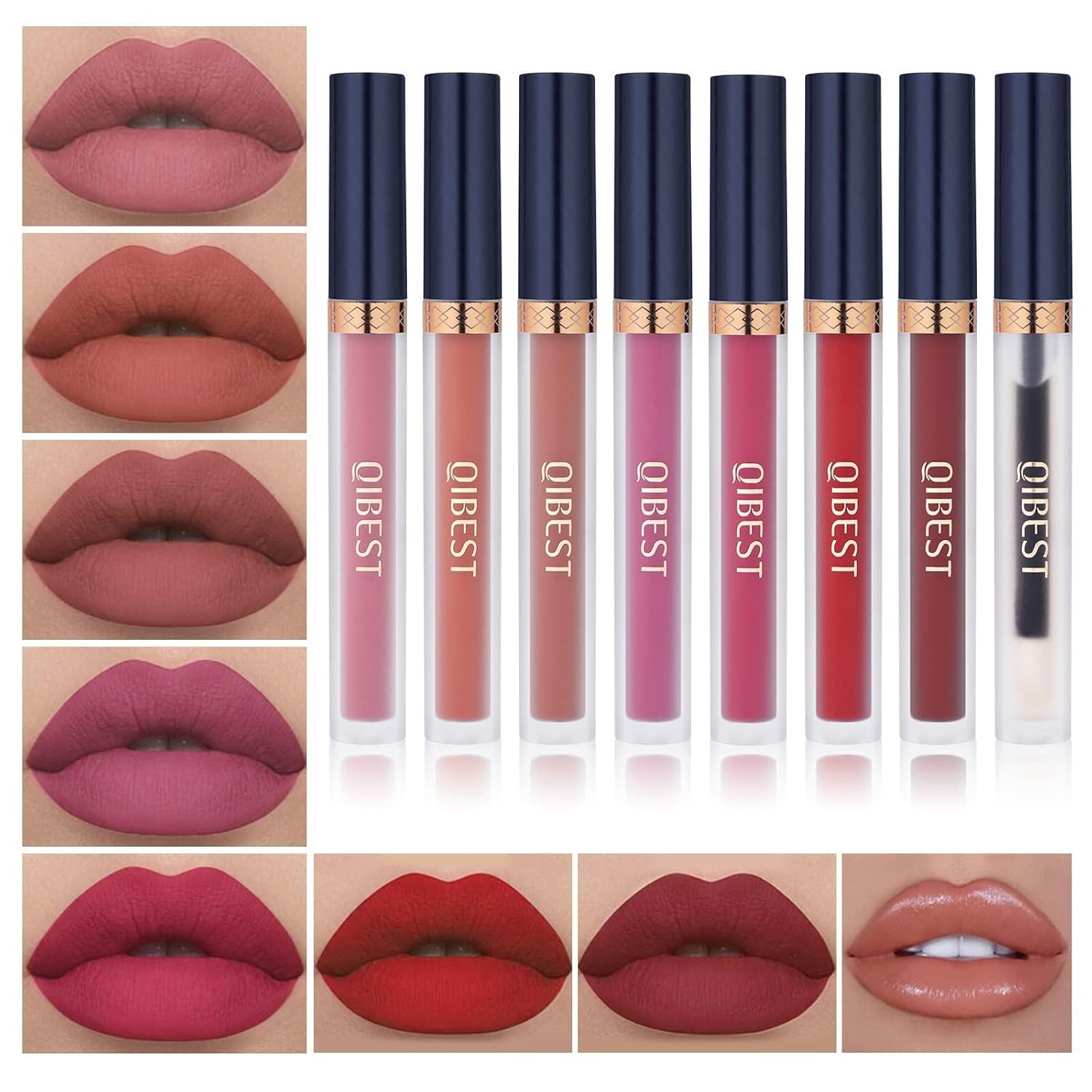 QiBest 7Pcs Matte Liquid Lipstick + 1Pcs Lip Plumper Makeup Set Kit, Pigmented Long Lasting Lip Gloss Set