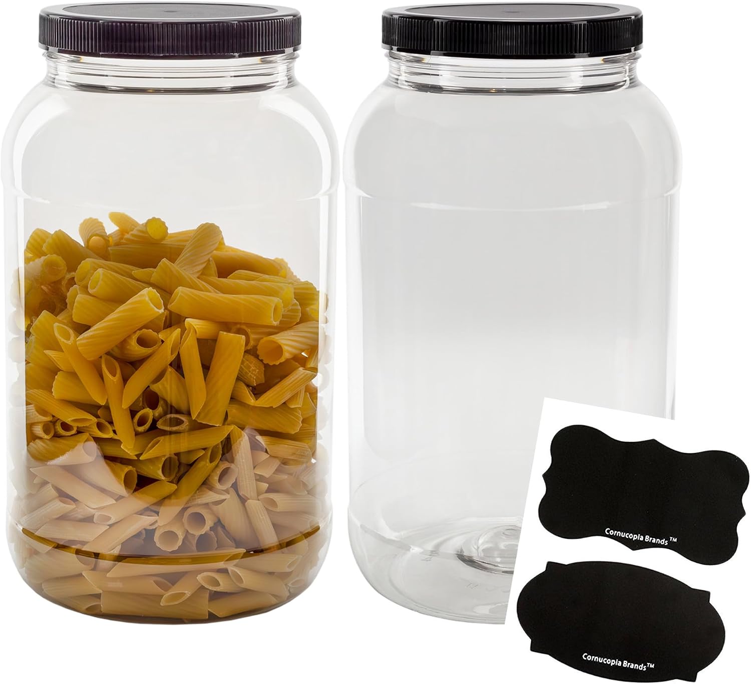 Cornucopia Brands Gallon Plastic Jars (2-Pack); Clear Round Containers w/Black Ribbed Lids, BPA-Free 4-Quart Large Size