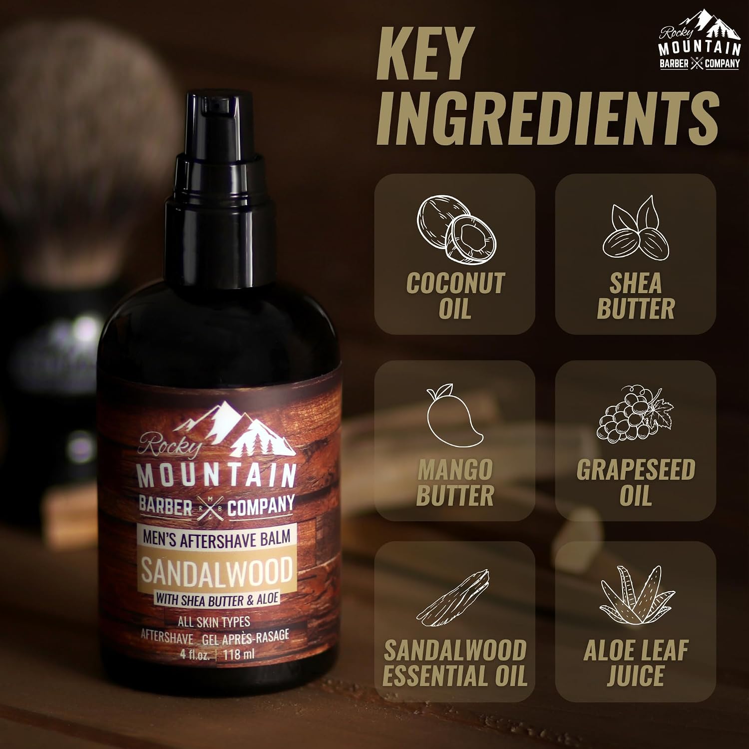 Rocky Mountain Barber Company Sandalwood Aftershave Balm for Men, 4 oz | Made with Sandalwood Essential Oil, Coconut Oil and Shea Butter