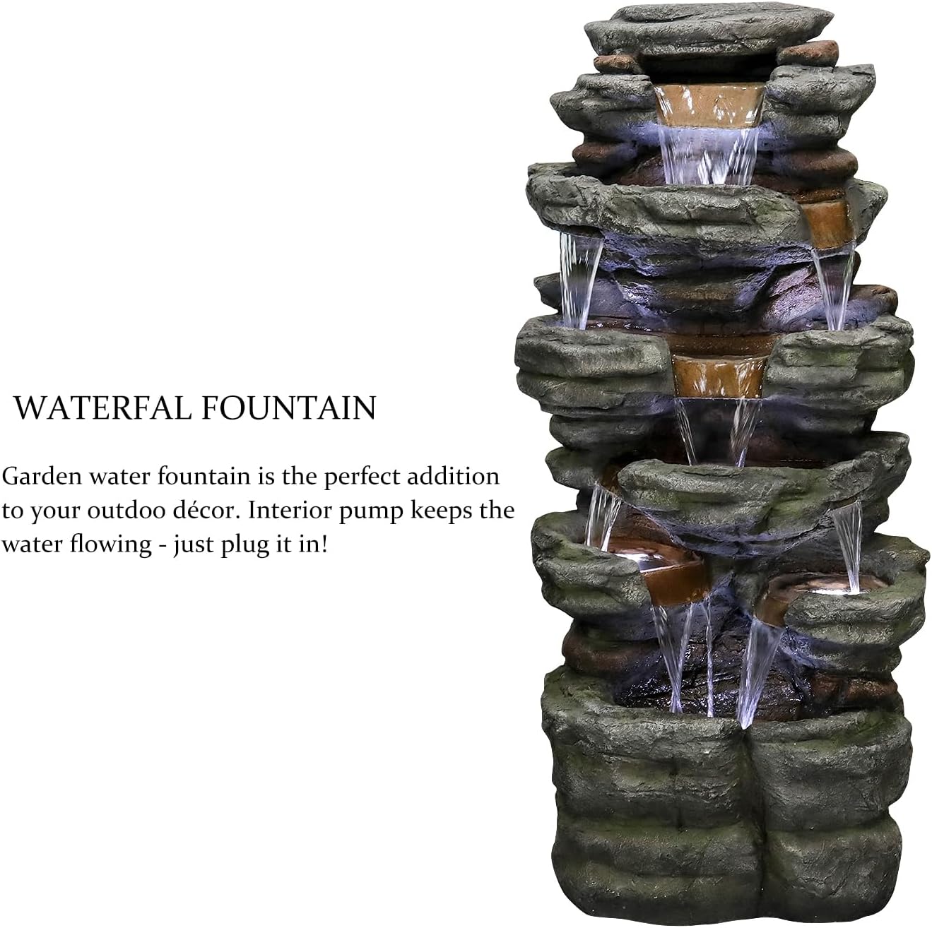 SunJet 40.5” High Rocks Outdoor Water Fountain - 6-Tiers Cascading Waterfall with LED Lights, Soothing Tranquility for Home Garden, Yard Decor