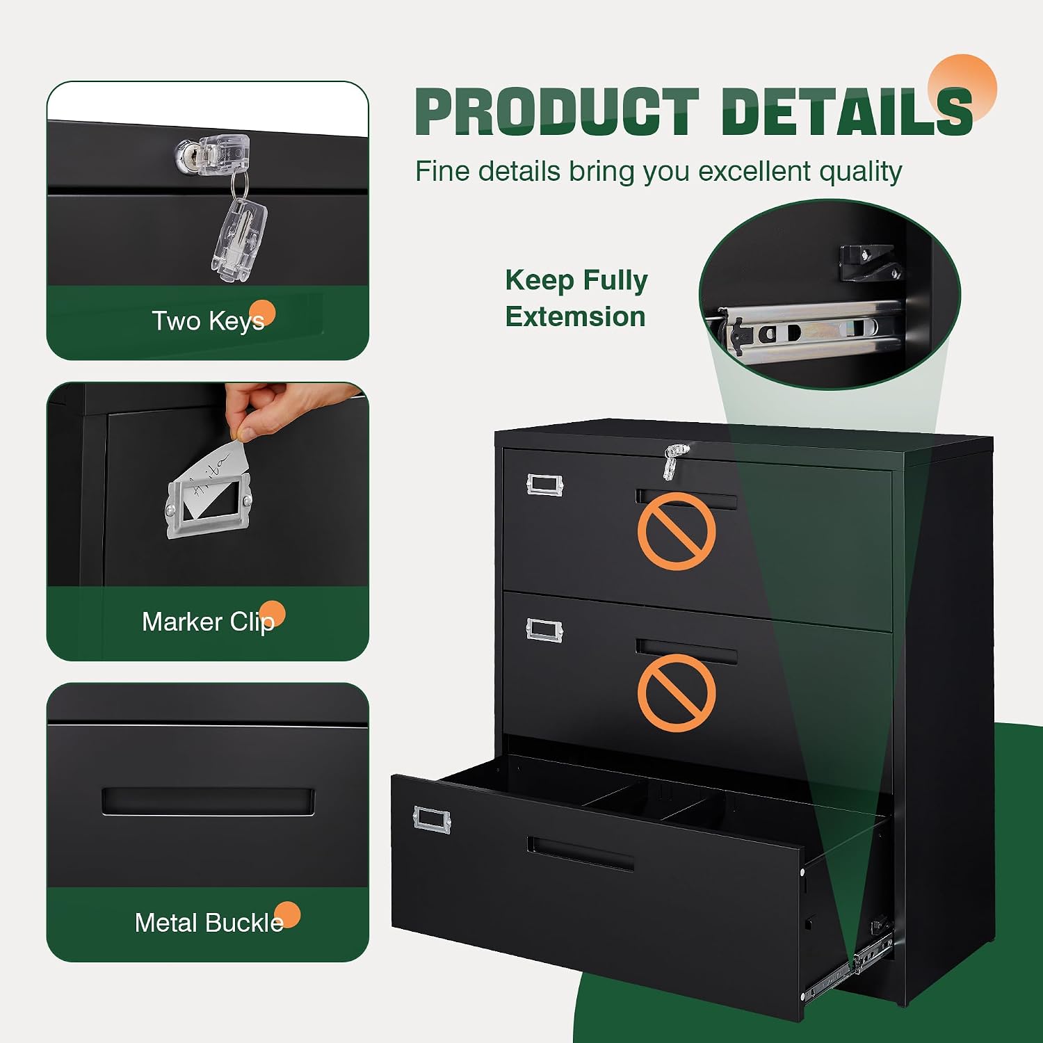 Lateral 3 Drawer File Cabinets with Lock, Metal Filing Storage Vertical Cabinets
