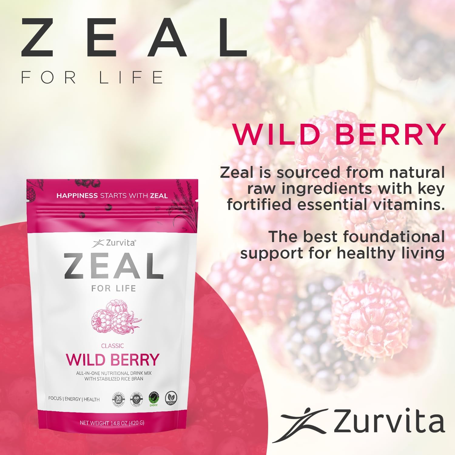 Zurvita - Zeal for Life Wild Berry Wellness Drink Mix - 420 g | Contains Vitamins, Minerals, Antioxidants, Plant Nutrients, Digestive Enzymes, And Phytonutrients For Daily Nutrition