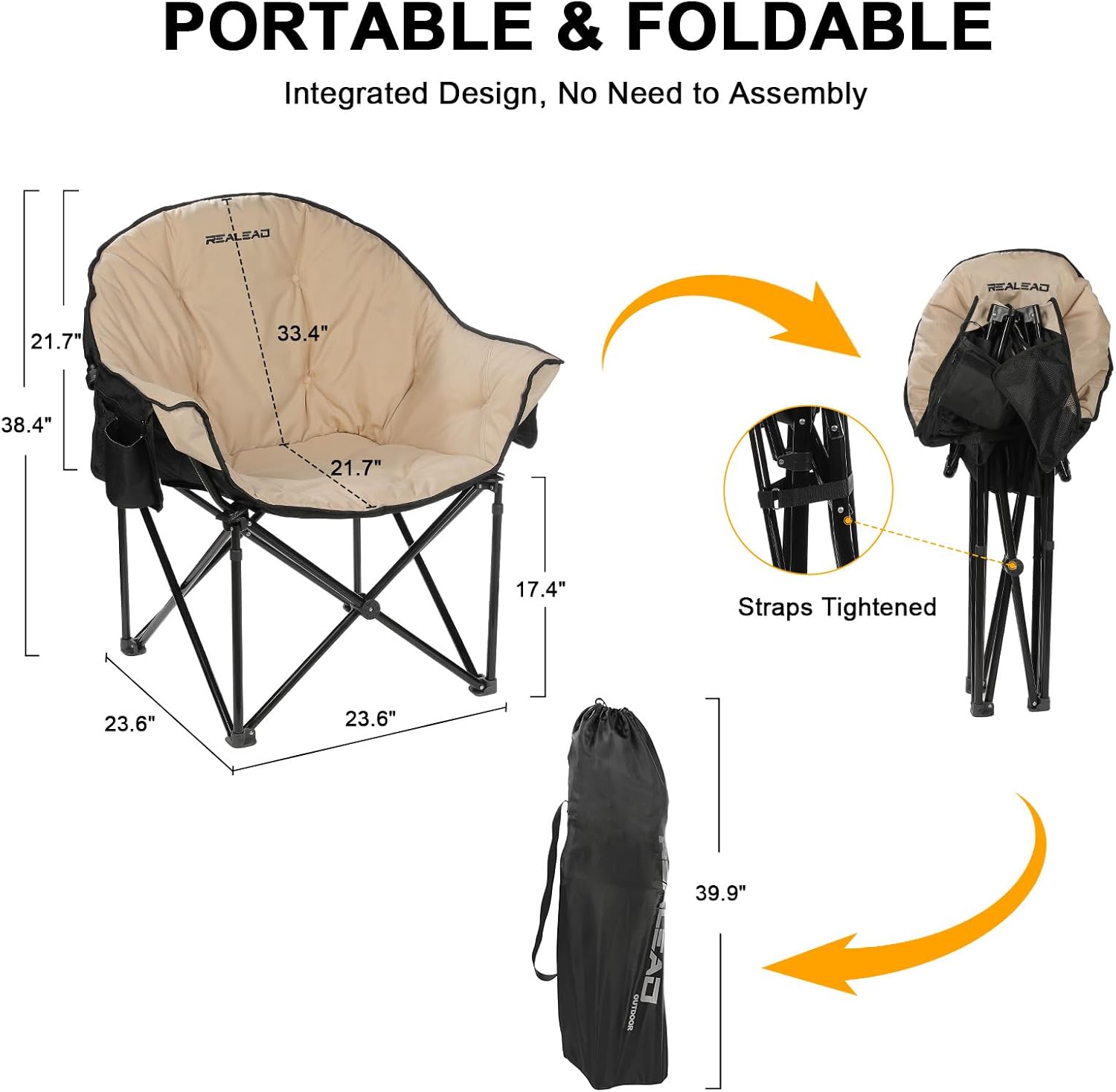 Oversized Camping Chairs Padded Heavy Duty Folding Support 400LBS | Comfy Lawn Chairs for Adults Outdoor Sports with Side Mesh Bag & Cup Holder, Portable Foldable, Sturdy Steel Frame (Grey)