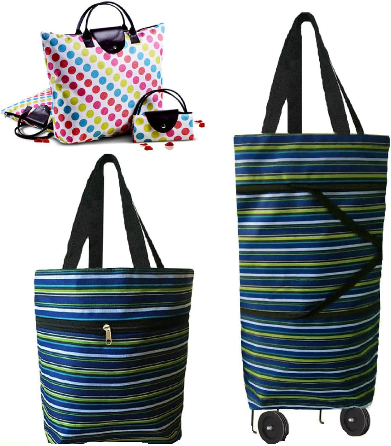 Collapsible Shopping Bag with Wheels Portable Shopping Cart with 360° Swivel Wheels Rolling Tote Bag Reusable Grocery Bag Trolley Bag on Wheels for Travel Shopping and Daily Use(Blue)