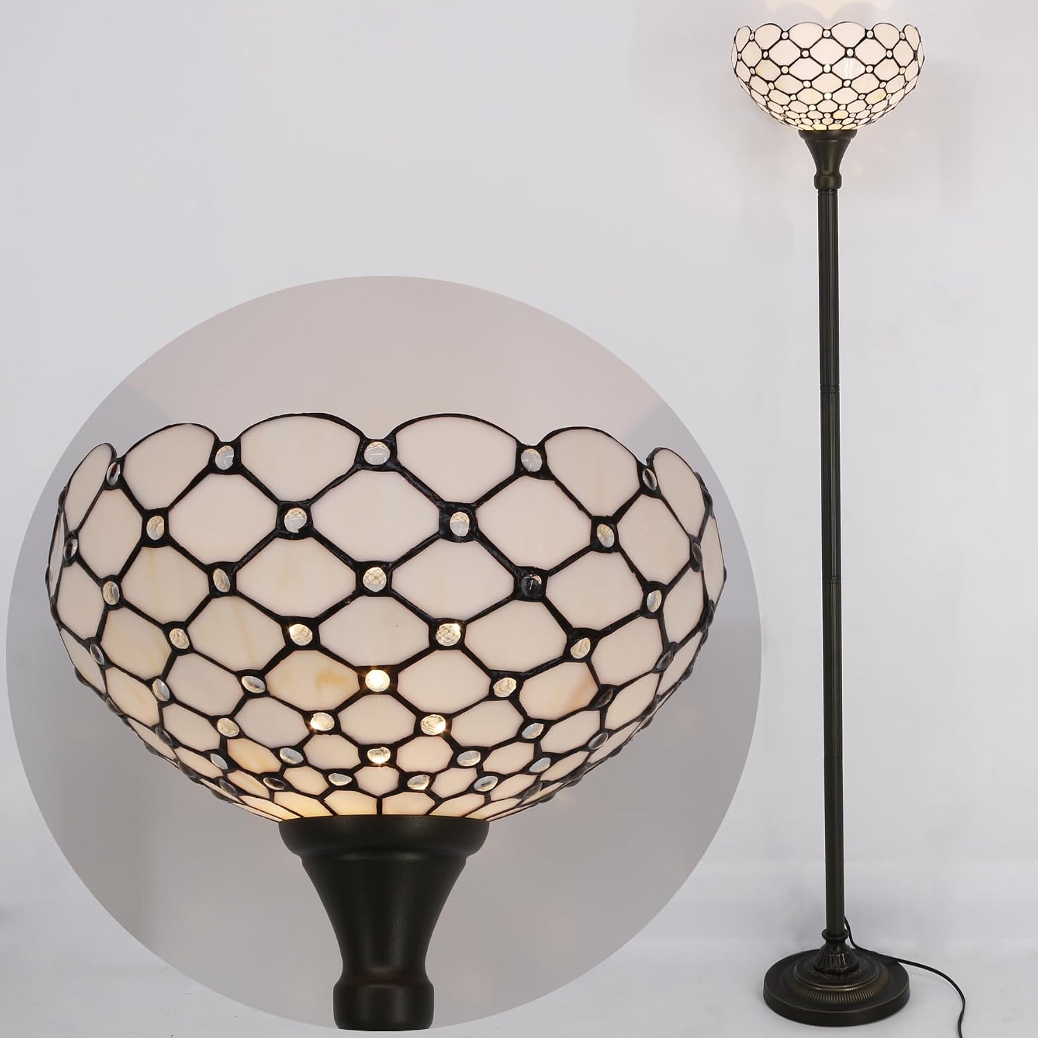 WERFACTORY Tiffany Floor Lamp Cream Amber Stained Glass Torchiere Light | 12X12X71 Inches Pole Standing Corner Torch Bead Uplight Decor Bedroom