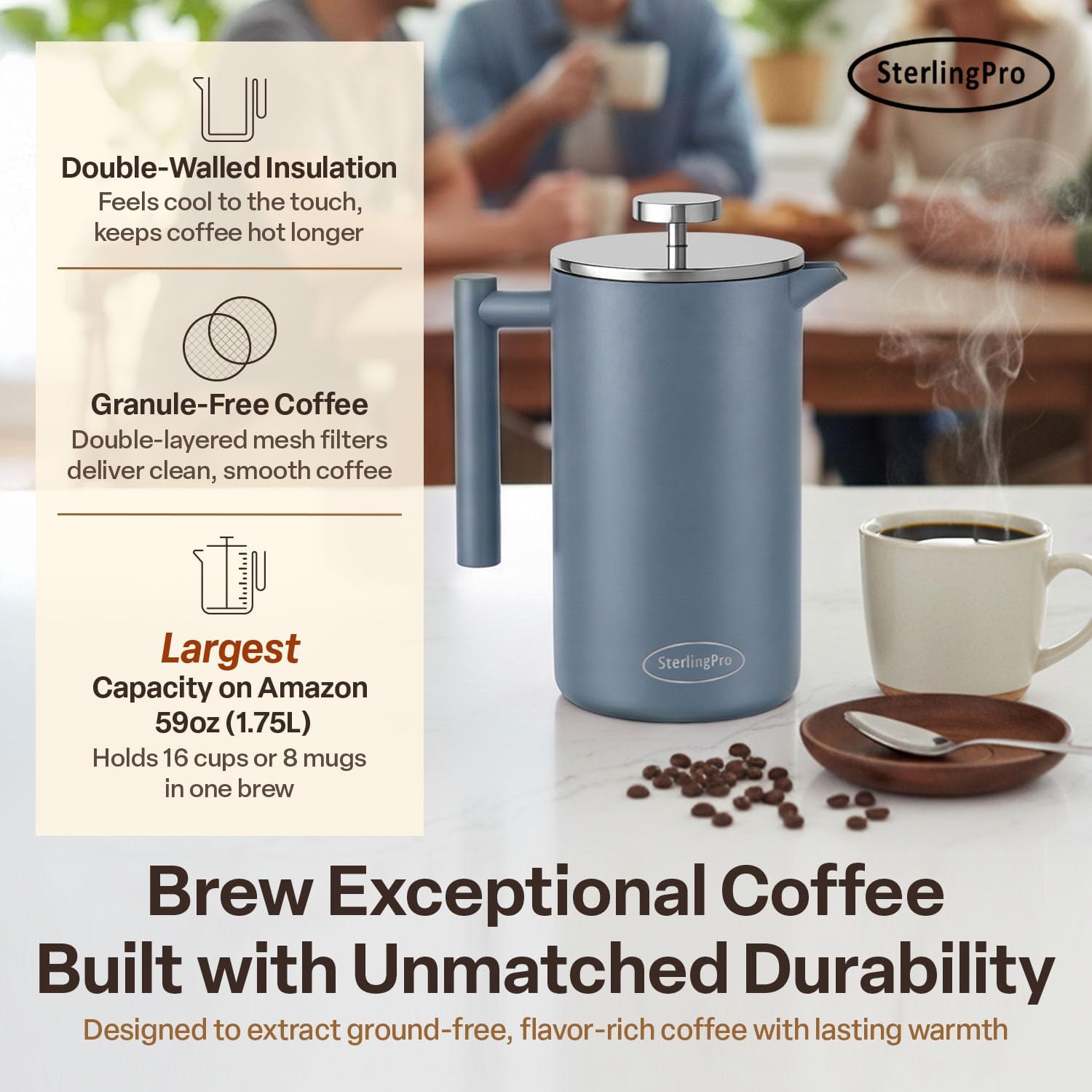 SterlingPro Large Insulated Stainless Steel French Press Coffee Maker 51oz Capacity (44 oz Brew Yield) – Double Wall Metal Coffee Press | Plastic Free | Cool-Touch | Mirror Finish | 12 Cups / 6 Mugs