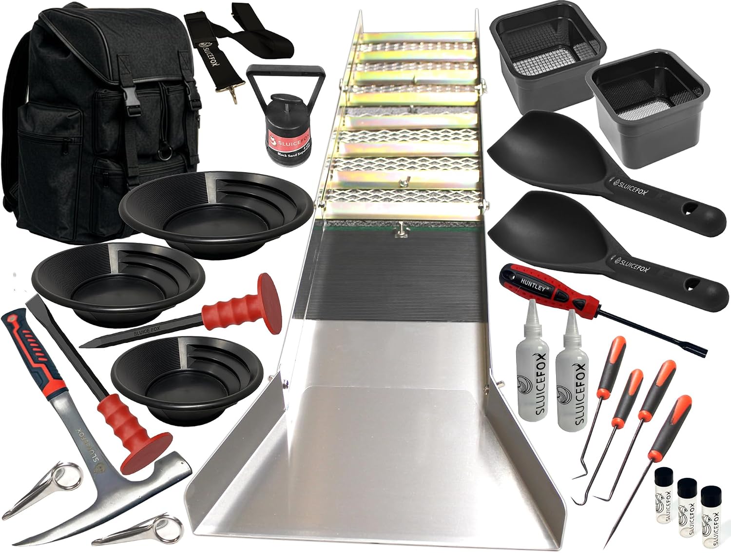 Complete Gold Mining Kit, Folding 50 inch River Sluice Box, Prospecting Equipment, Rock Pick Hammer, Gold Classifiers, Pay Dirt Scoop