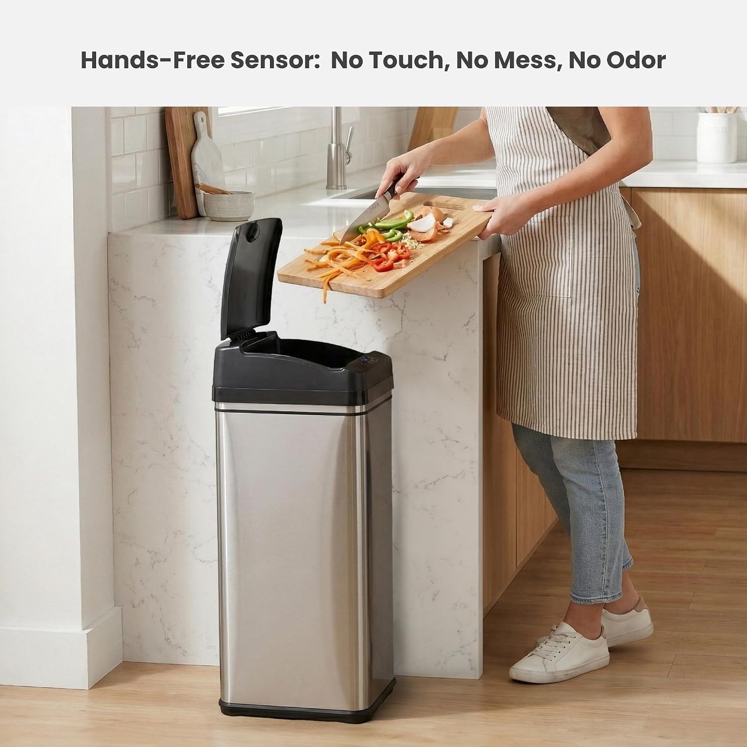 iTouchless 50 Liter / 13 Gallon Kitchen Trash Can with Lid & Deodorizer – Motion Sensor Semi-Round Stainless Steel Garbage Bin for Home, Office, or Garage – Slim, Wide Opening Large Capacity Design