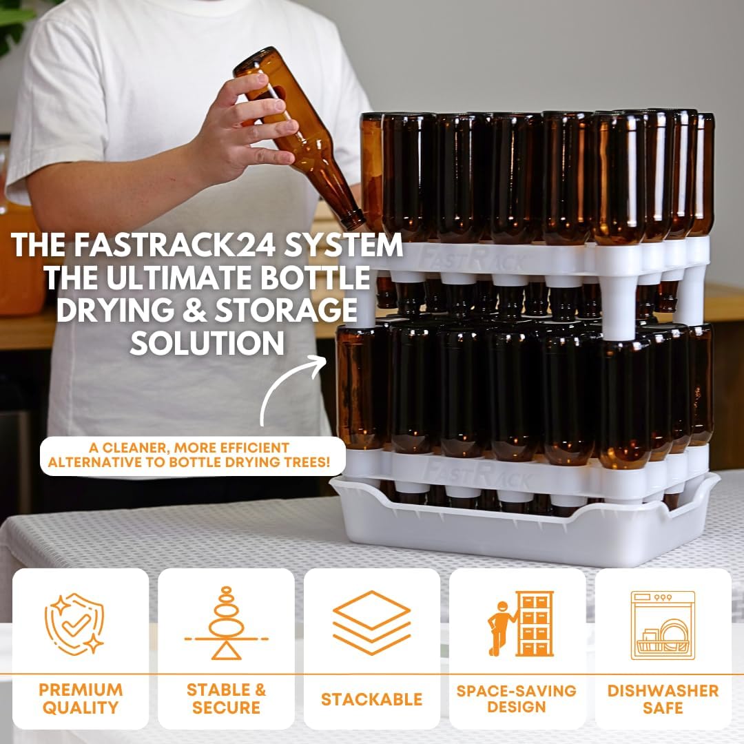 FASTFERMENT - 24-Bottle Drying Rack & Tray| Bottle Drying Tree Alternative | Dry & Store Your Wine or Bomber/Belgian Bottles | 2-Stackable Racks