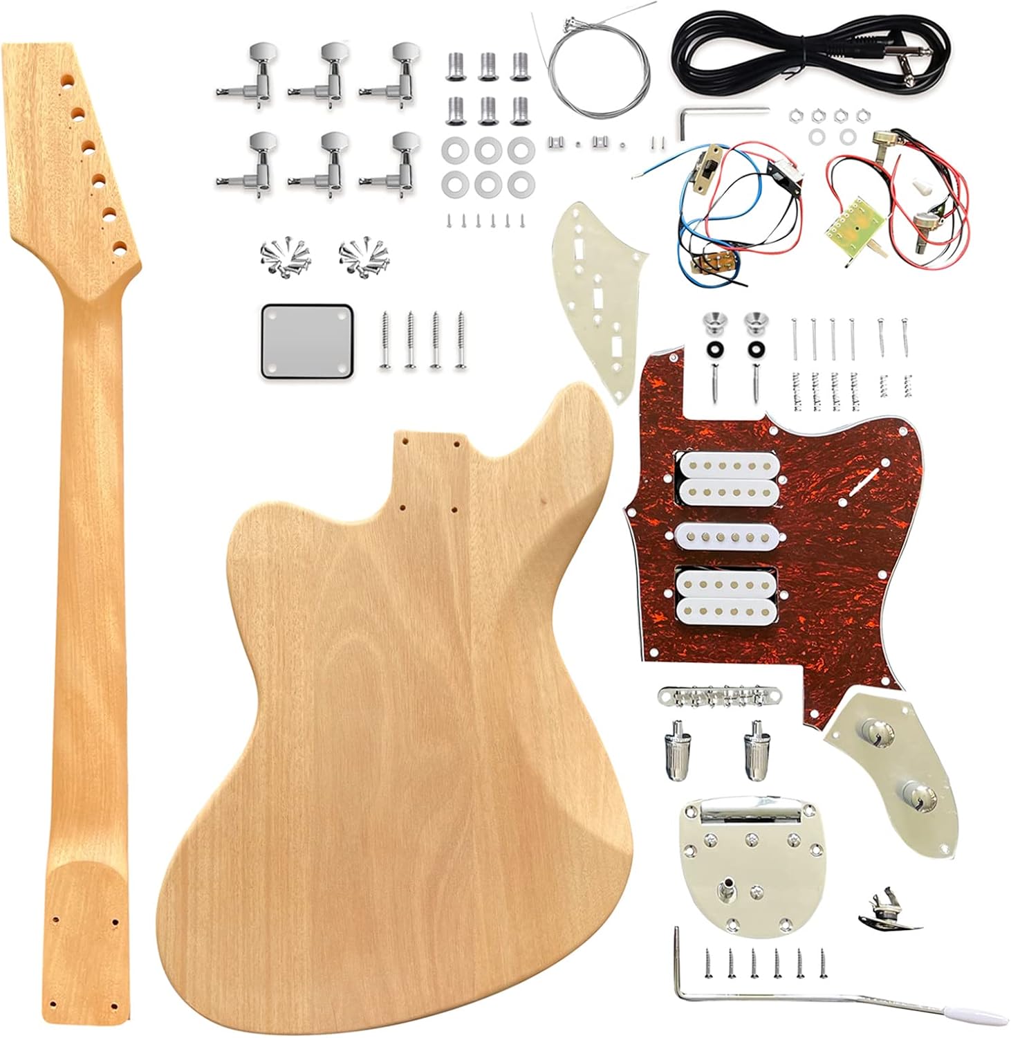 DIY Electric Guitar Kit Beginner Kit Right Handed Jazzmaster Style | 6 String, Mahogany Body, Mahogany Neck, Rosewood Fretboard, Chrome Hardware