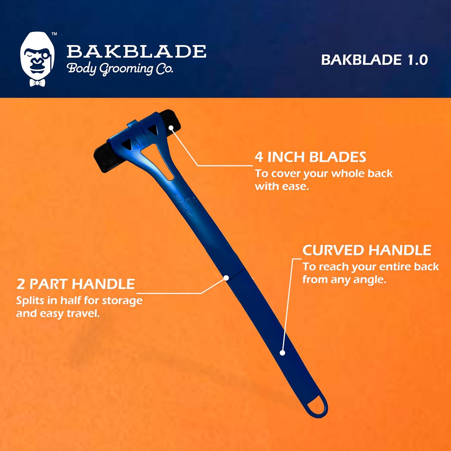 Bakblade 1.0 Back Shavers Men, Hair Removal Body Shaver (DIY) - Extra-Long Handle Trimmer, Wet Dry Shave