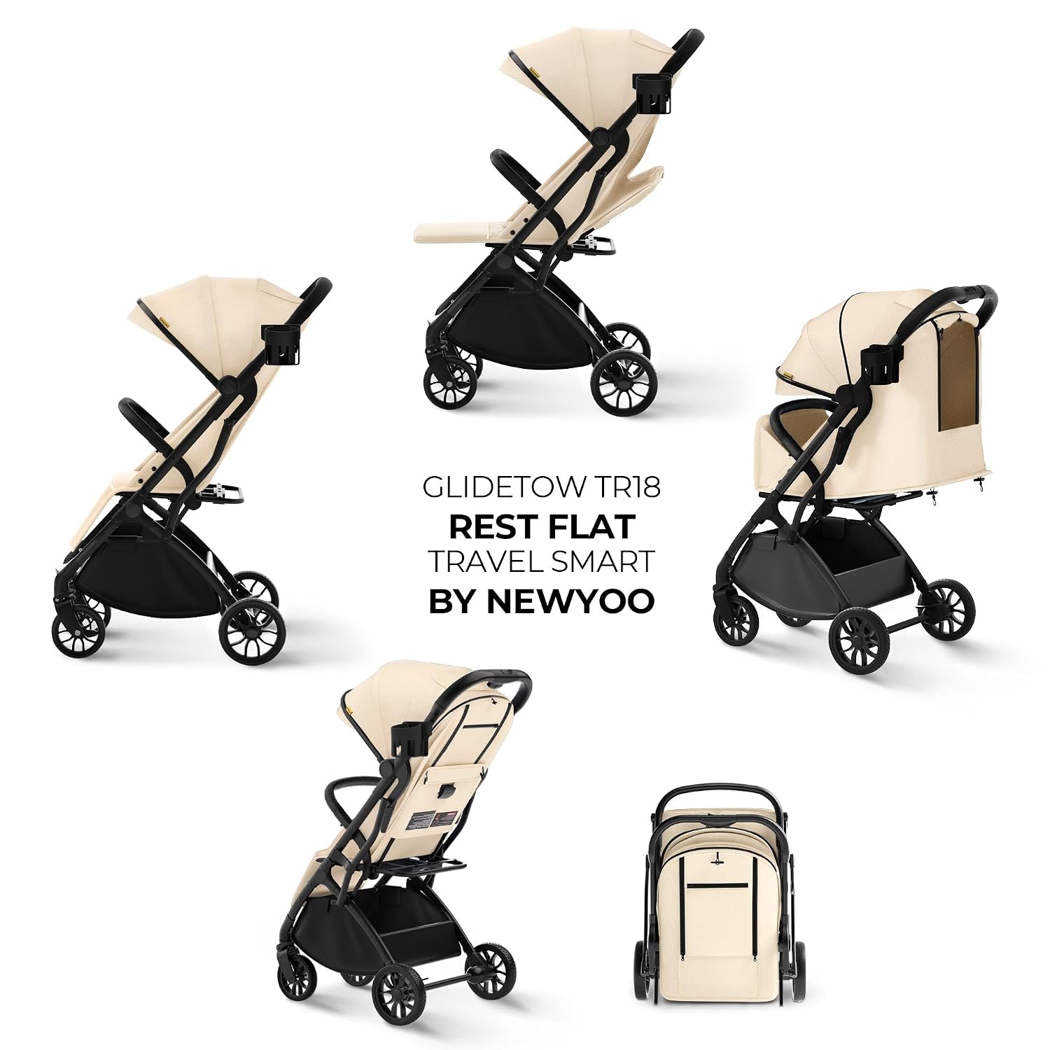 newyoo GlideTow TR18 Travel Stroller, Compact & Lightweight, Muted Olive | Newborn to toddler, foldable, self-standing design, 175° near-flat recline, large mesh window, trolley mode & UPF 50+ canopy