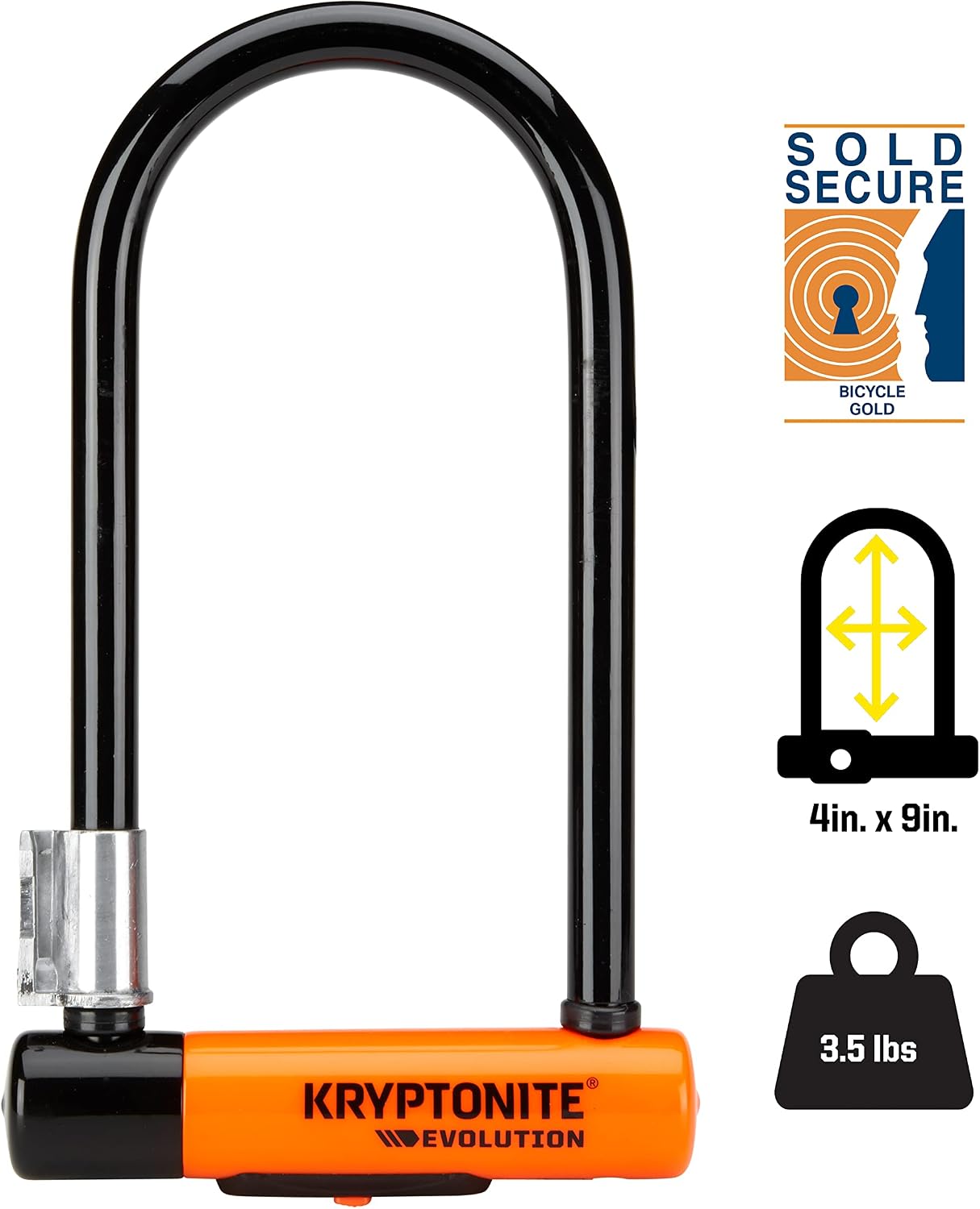 Kryptonite Evolution Standard Bike U-Lock, 14mm Steel Shackle & 3 Keys | High-Security 4x9 in Bicycle Lock with FlexFrame-U Mounting Bracket, Double Deadbolt Design and Pick Resistant Cylinder